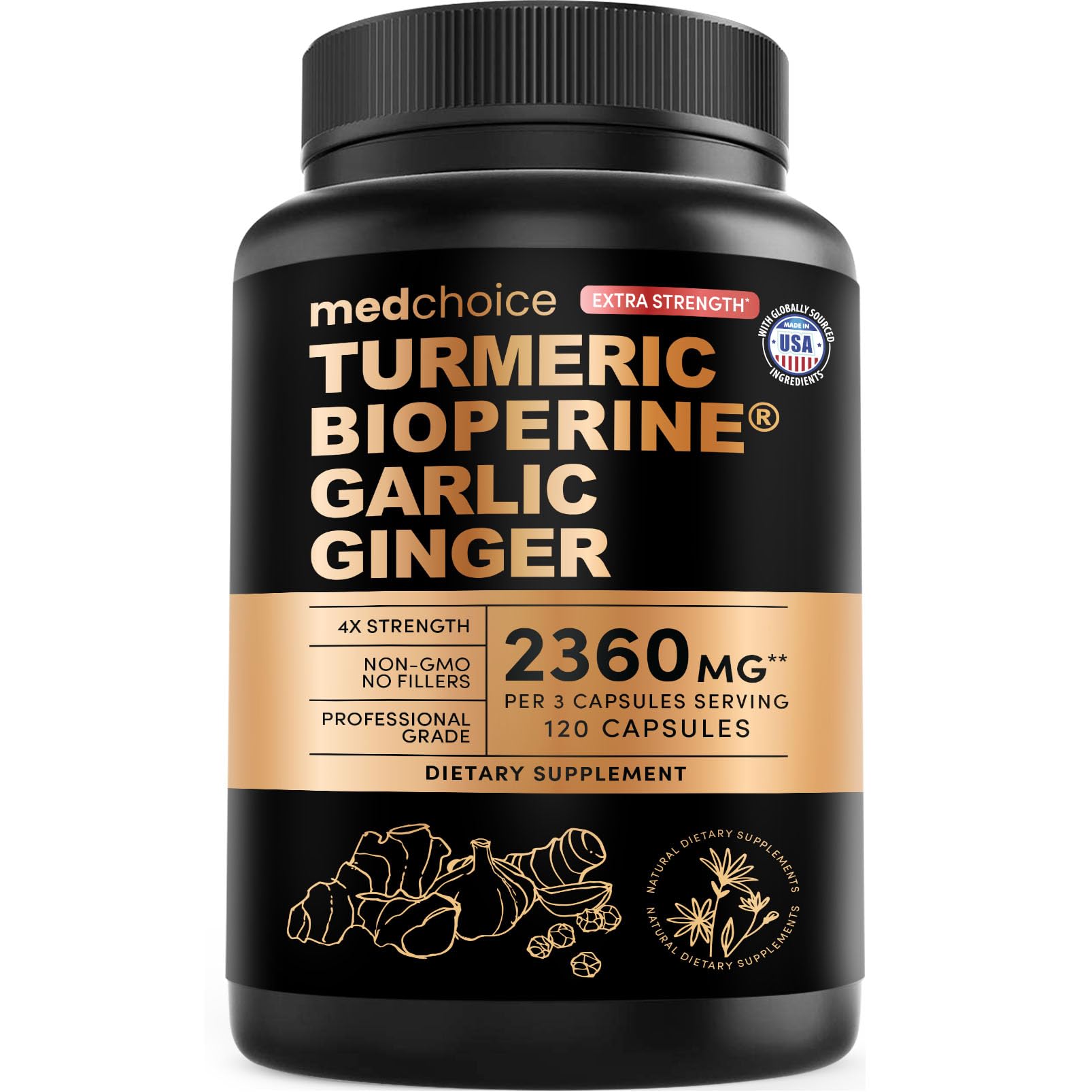 Extra Strength Turmeric Capsules - High-Absorption 2360 mg Curcumin Supplements, Non-GMO Blend for Digestive Comfort & Daily Support - Organic Turmeric Supplement with Black Pepper (120ct, Pack of 1)