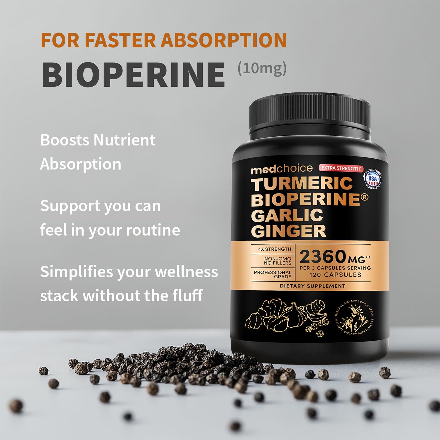 Extra Strength Turmeric Capsules - High-Absorption 2360 mg Curcumin Supplements, Non-GMO Blend for Digestive Comfort & Daily Support - Organic Turmeric Supplement with Black Pepper (120ct, Pack of 1)