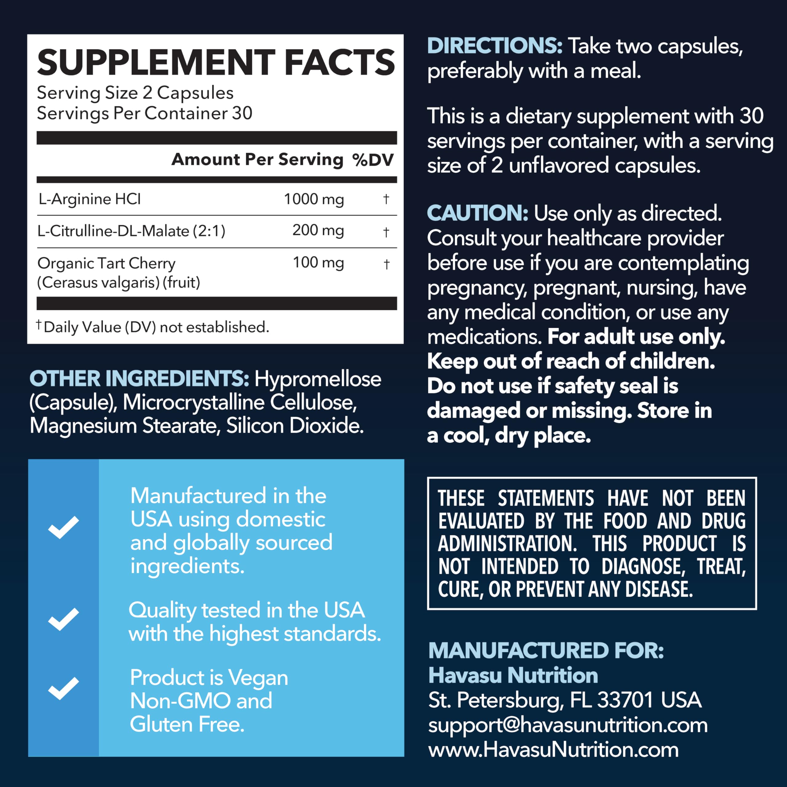 L-Arginine Capsules with L-Citrulline - Nitric Oxide Supplement - L Arginine and L Citrulline Blend - 60 Count - Vegan, Non-GMO Capsules for Performance, Endurance and Muscle Support - 1 Month Supply