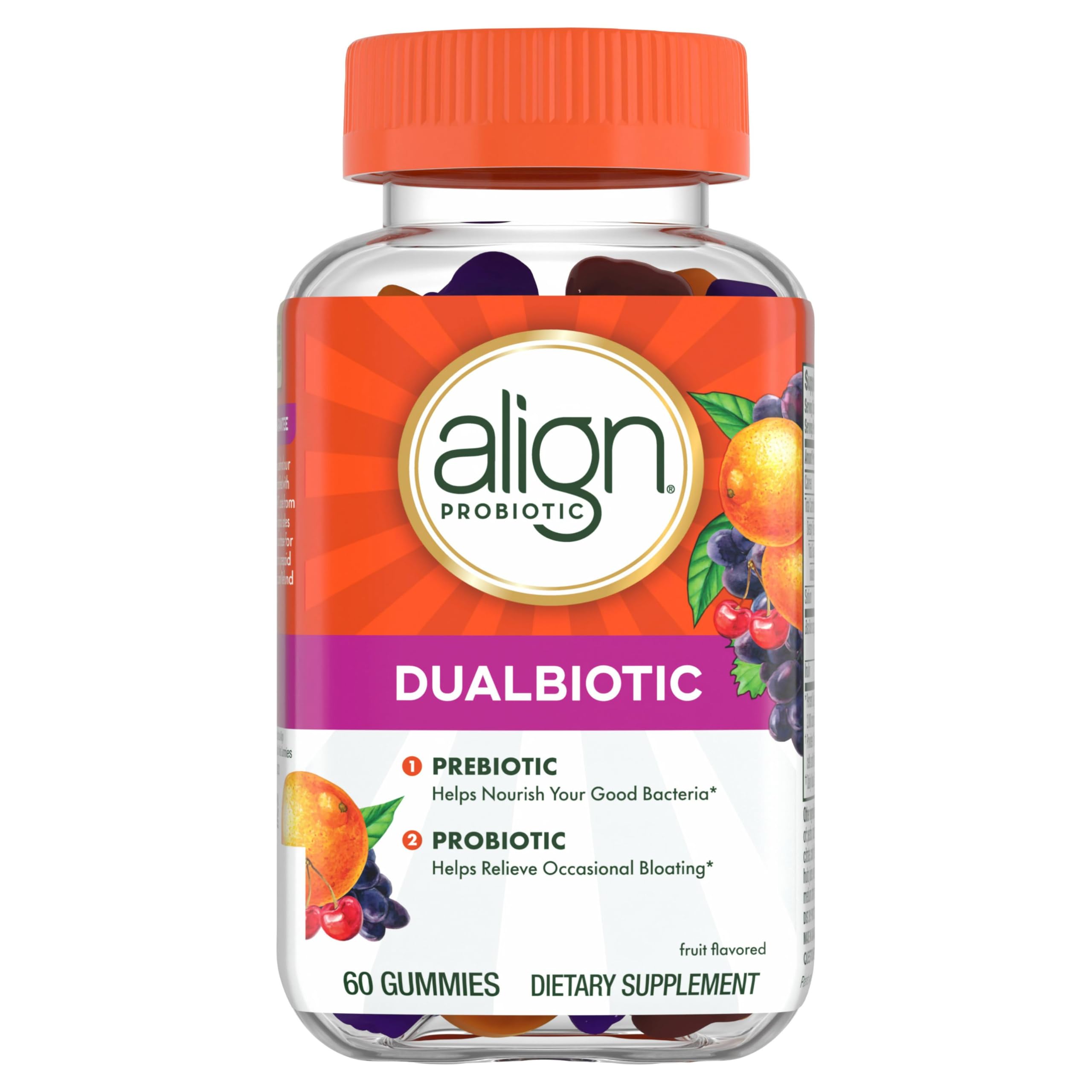 Align Dualbiotic, Prebiotics and Probiotics for Women and Men, Probiotics for Digestive Health, Prebiotics Help Nourish Good Bacteria, Natural Fruit Flavors, 60 Probiotic Gummies