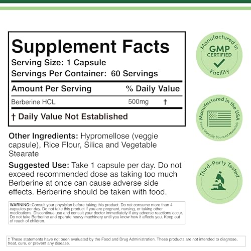 Berberine Supplement 500mg, 60 Capsules (Third Party Tested, Non-GMO, Gluten Free, Vegan Safe) AMPK Activator - Berberine HCL for Cardiovascular Health by Double Wood