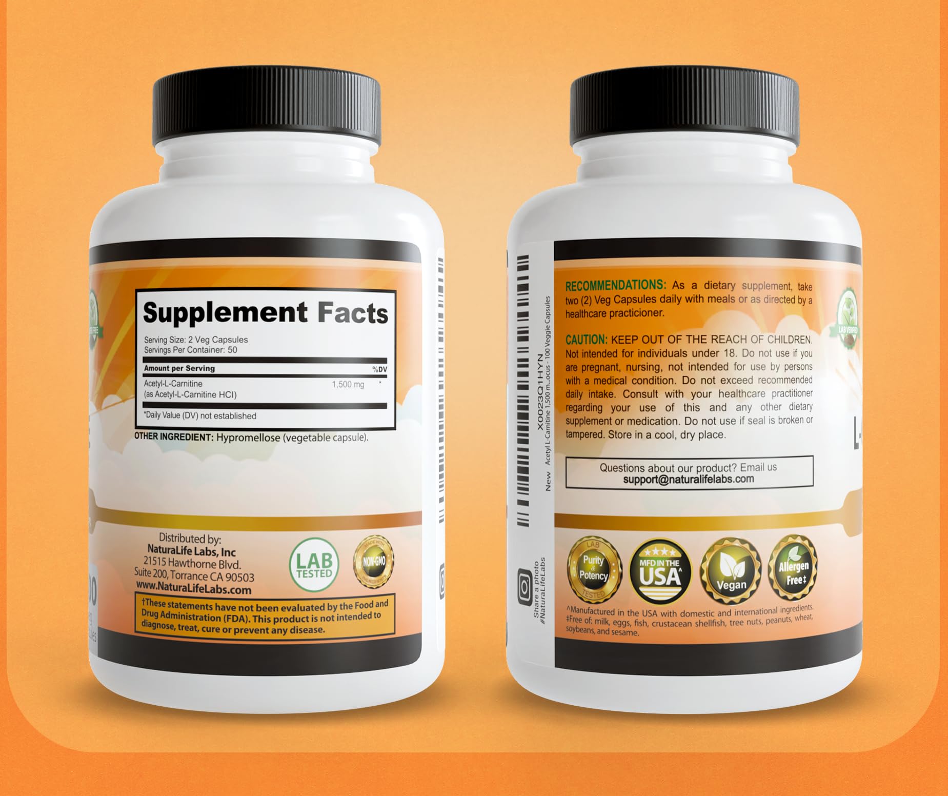 NaturaLife Labs Acetyl L-Carnitine (ALCAR) 1500 mg per Serving – 100 Capsules – Non-GMO, Gluten-Free, Vegan