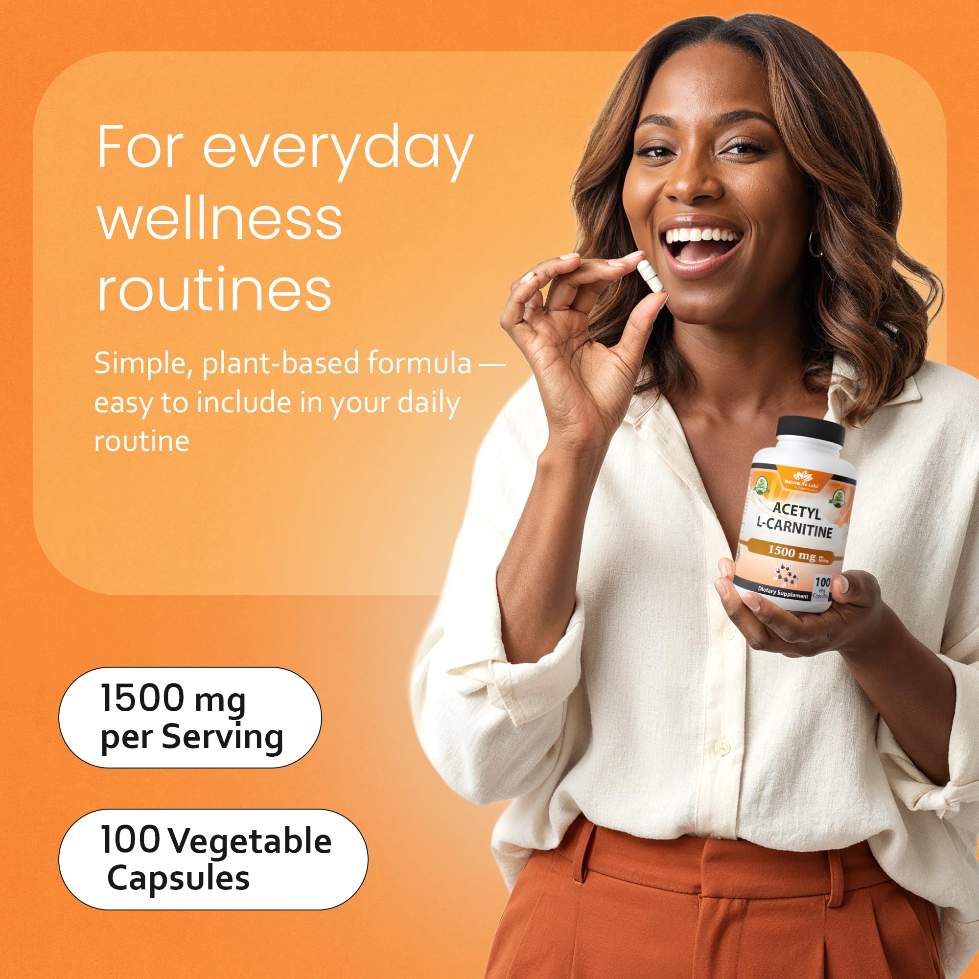 NaturaLife Labs Acetyl L-Carnitine (ALCAR) 1500 mg per Serving – 100 Capsules – Non-GMO, Gluten-Free, Vegan