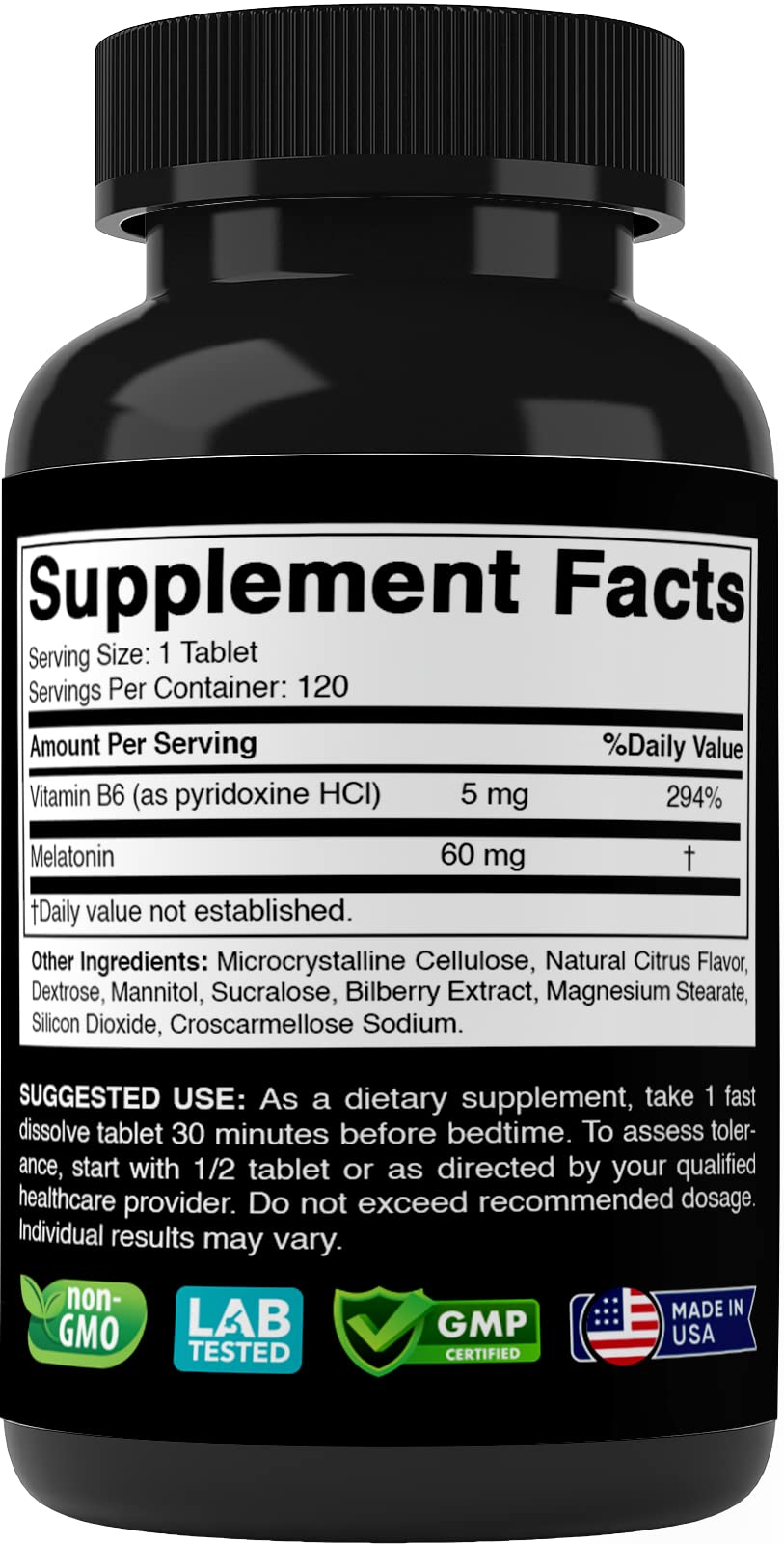 Vitabod Melatonin 60 mg with Vitamin B6 – 120 Fast Dissolve Tablets Extra-Strength Sleep Support – Drug-Free – Natural Citrus Flavor – Vegetarian, Non-GMO, Gluten-Free