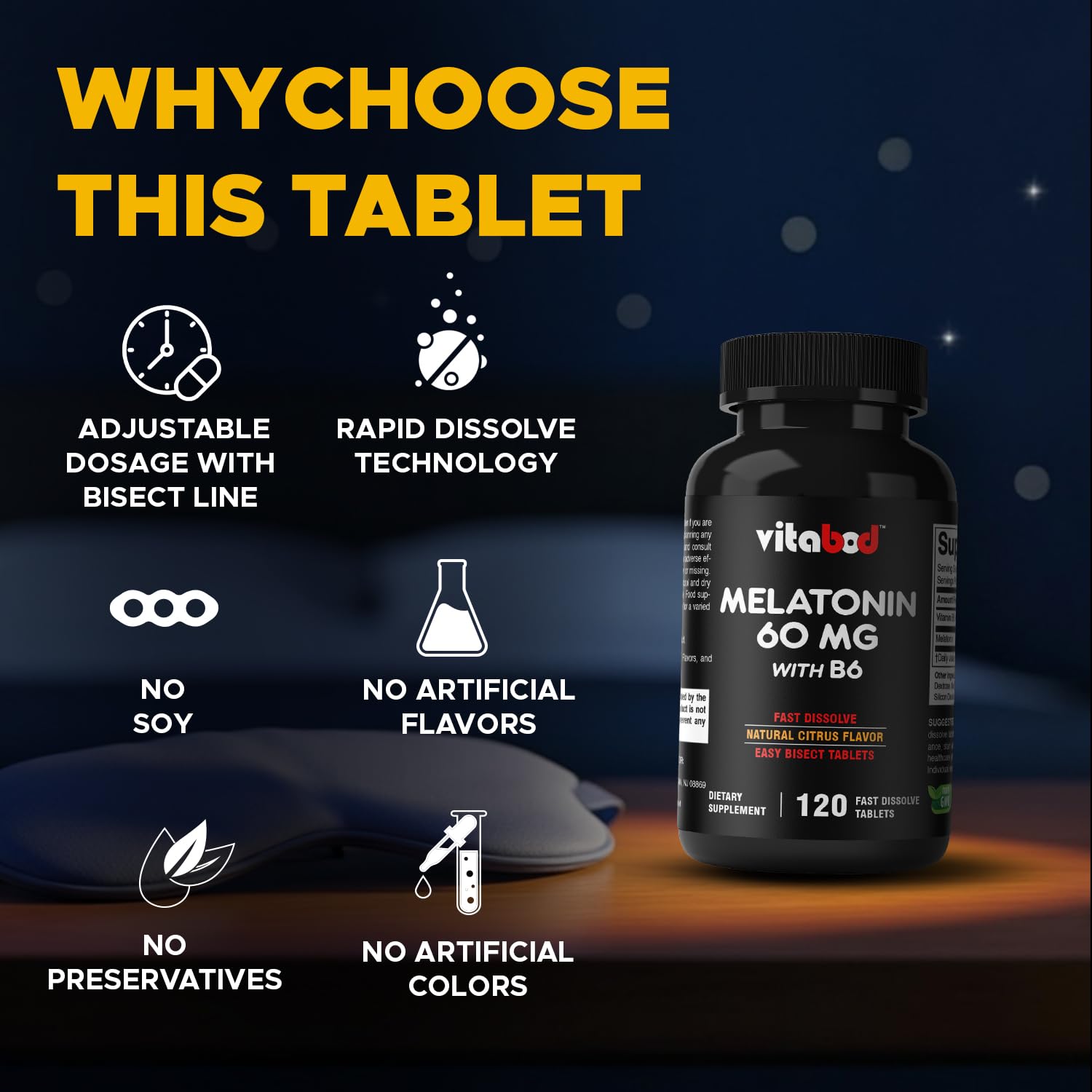 Vitabod Melatonin 60 mg with Vitamin B6 – 120 Fast Dissolve Tablets Extra-Strength Sleep Support – Drug-Free – Natural Citrus Flavor – Vegetarian, Non-GMO, Gluten-Free