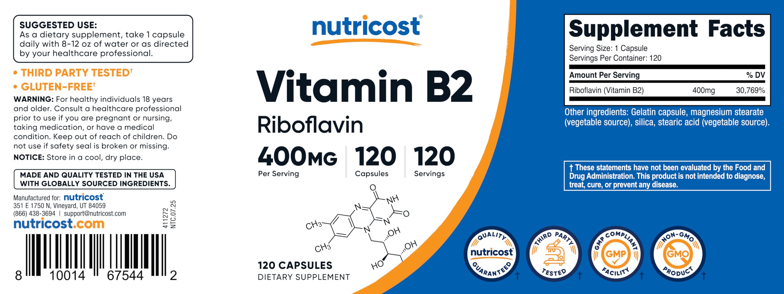 Nutricost Vitamin B2 (Riboflavin) 400mg, 120 Capsules (2 Bottles)