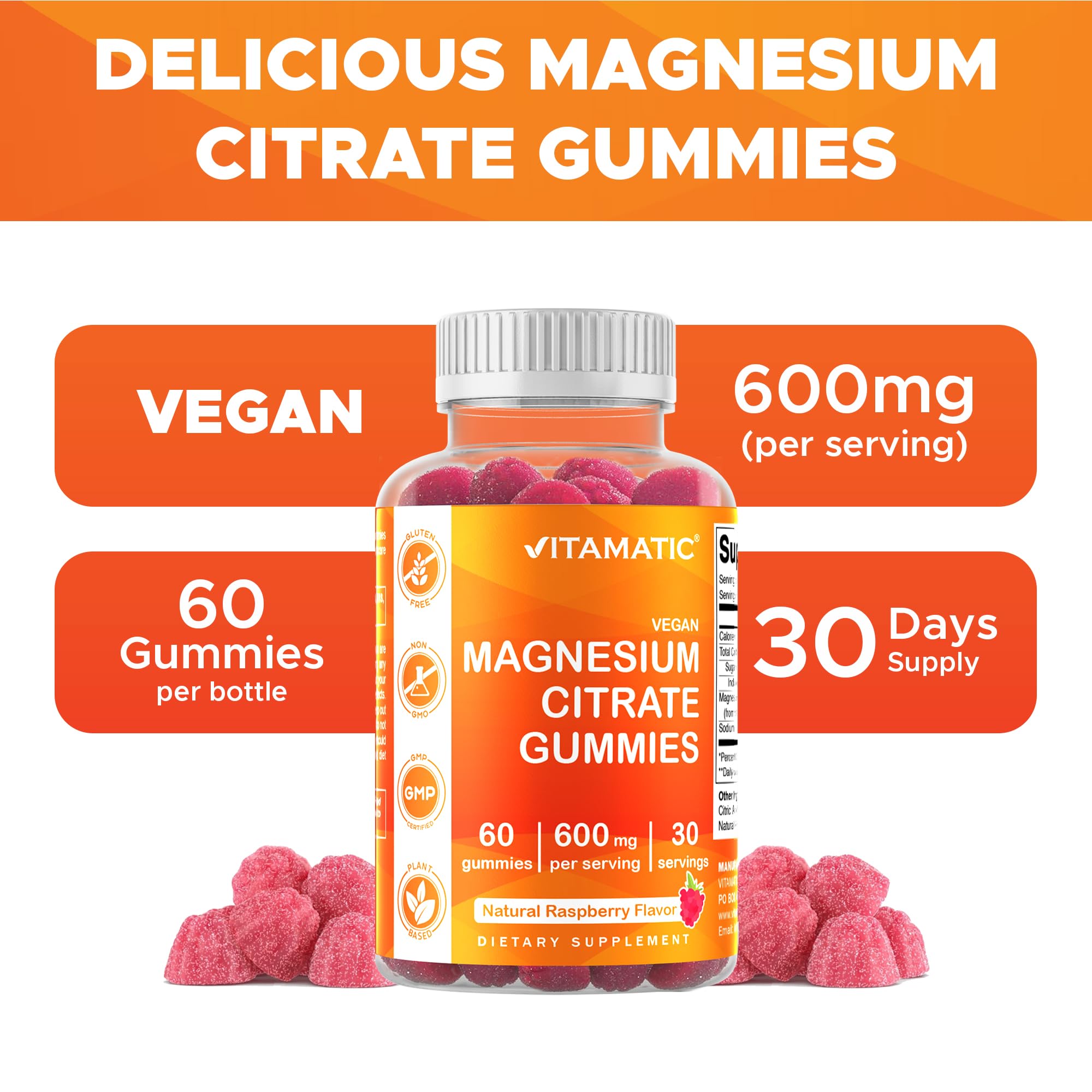Vitamatic Magnesium Citrate Gummies 600mg per Serving - 60 Count - Promotes Healthy Relaxation, Muscle, Bone, & Energy Support (Pack of 2)
