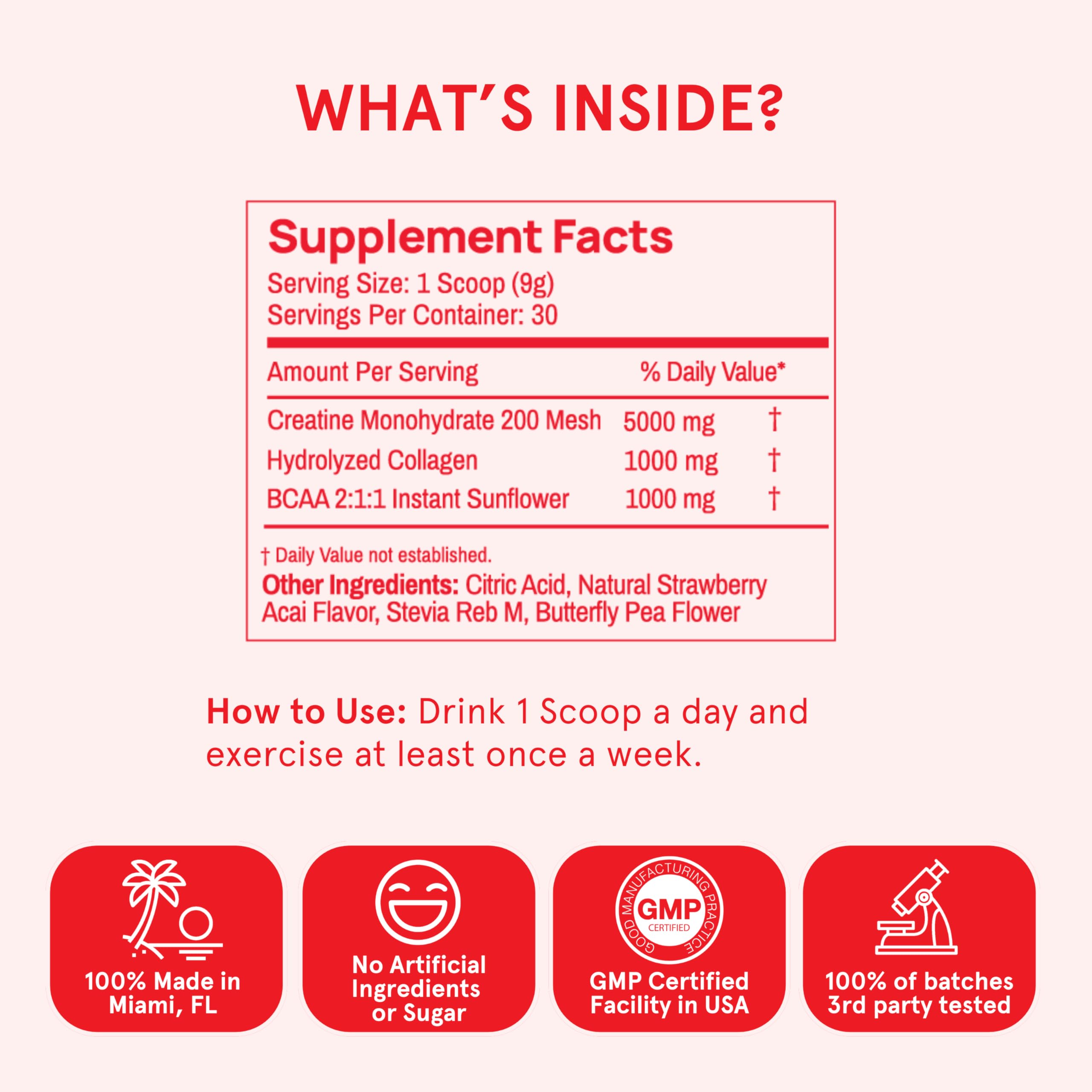 Peach Perfect Creatine Blend for Women – Micronized Creatine Monohydrate with BCAA & Collagen for Glute Strength Support – Strawberry Acai – 30 Servings