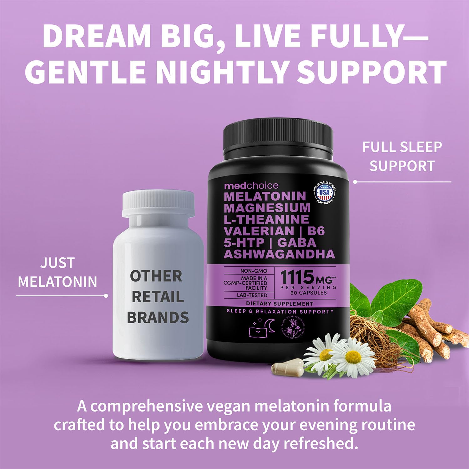 12-in-1 Melatonin Sleep Capsules - Natural Sleep Aids for Adults with Melatonin 5mg and Magnesium Glycinate 500mg, Sleep Aid with Ashwagandha, L Theanine, Valerian Root, GABA, 5-HTP (90ct, Pack of 4)