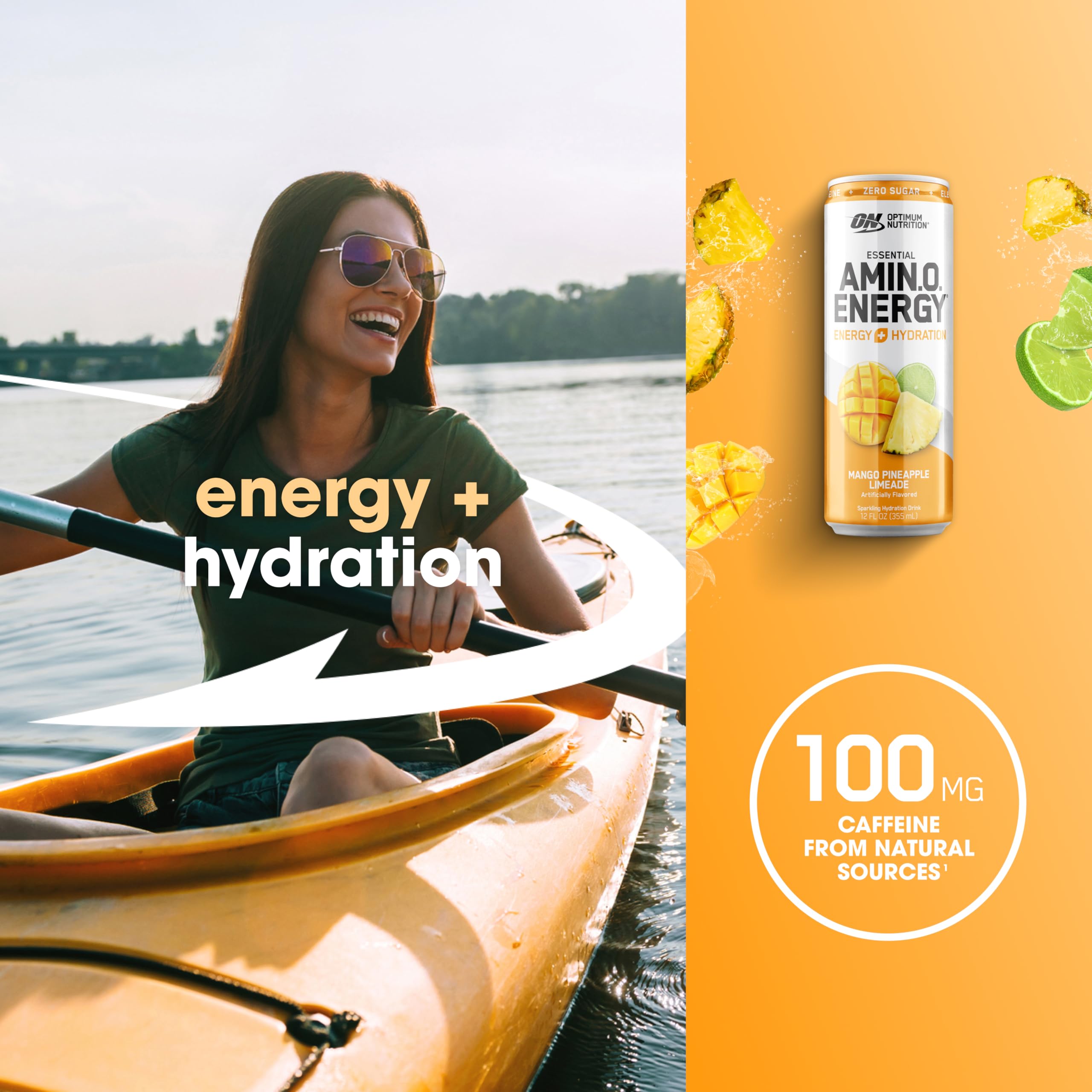 Optimum Nutrition Amino Energy Sparkling Hydration Drink, Electrolytes, Caffeine, Amino Acids, BCAAs, Sugar Free, Mango Pineapple Limeade, 12 Fl Oz, 12 Pack (Packaging May Vary)