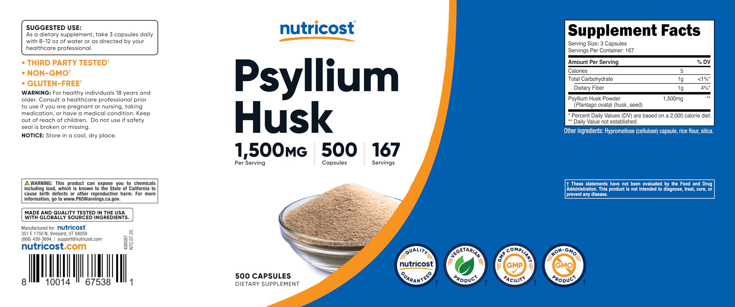 Nutricost Psyllium Husk 1500mg Per Serving, 500 Capsules - Non-GMO & Gluten Free