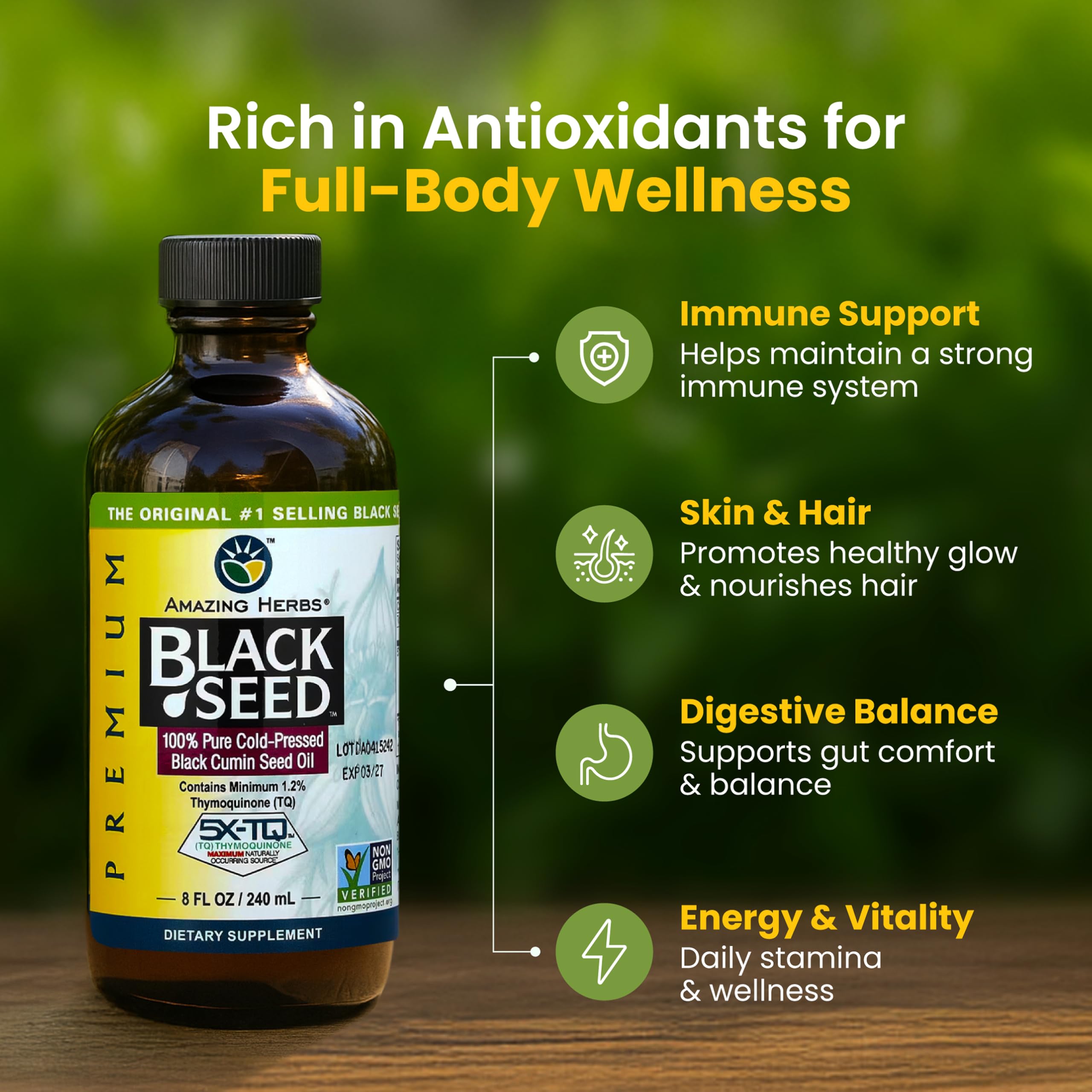 Amazing Herbs Premium Liquid Black Seed Oil - Cold Pressed with Nigella & Sativa, Aids in Digestive Health, Omegas 3 6 & 9, Immune Support, Brain Function, Non GMO, for Men and Women - 8 Fl Oz