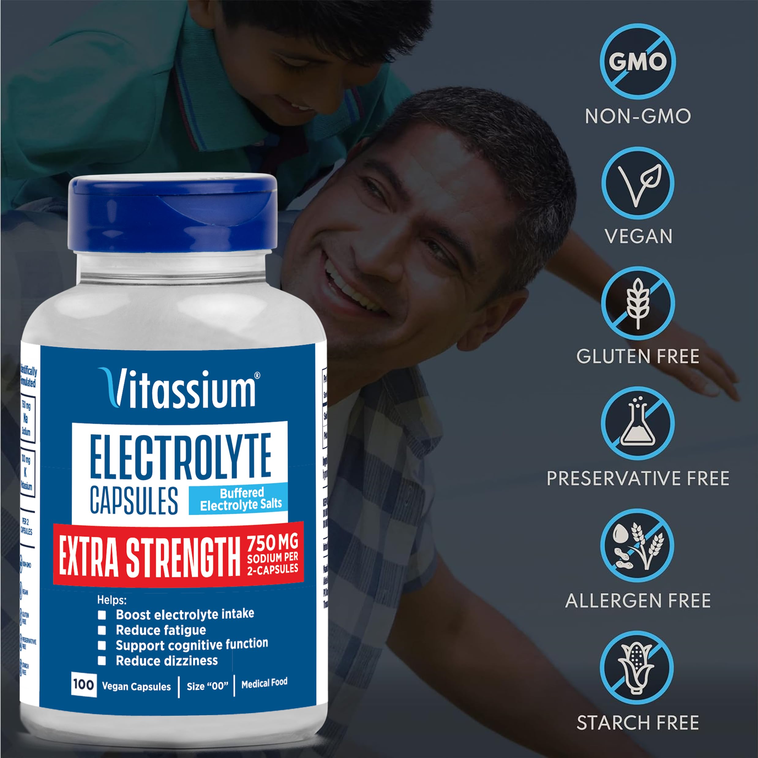 Vitassium Extra Strength Electrolyte Capsules, 750mg of Sodium for The Management of POTS and High Sodium Diets, Unflavored, 100 Salt Pills (Size 00)