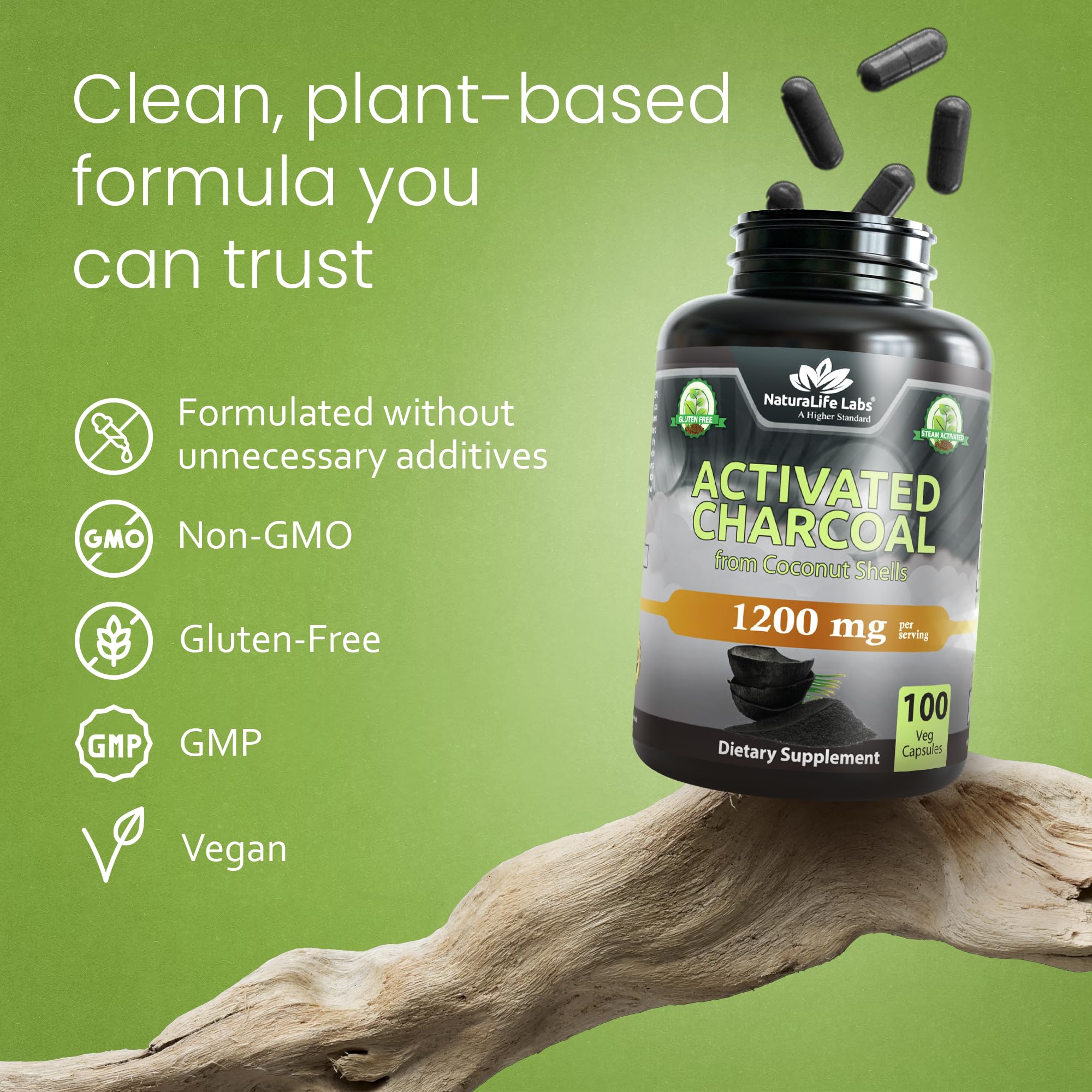 NaturaLife Labs Activated Charcoal 1200 mg per Serving – from Coconut Shells – 100 Veg Capsules – Non-GMO, Gluten-Free, Vegan