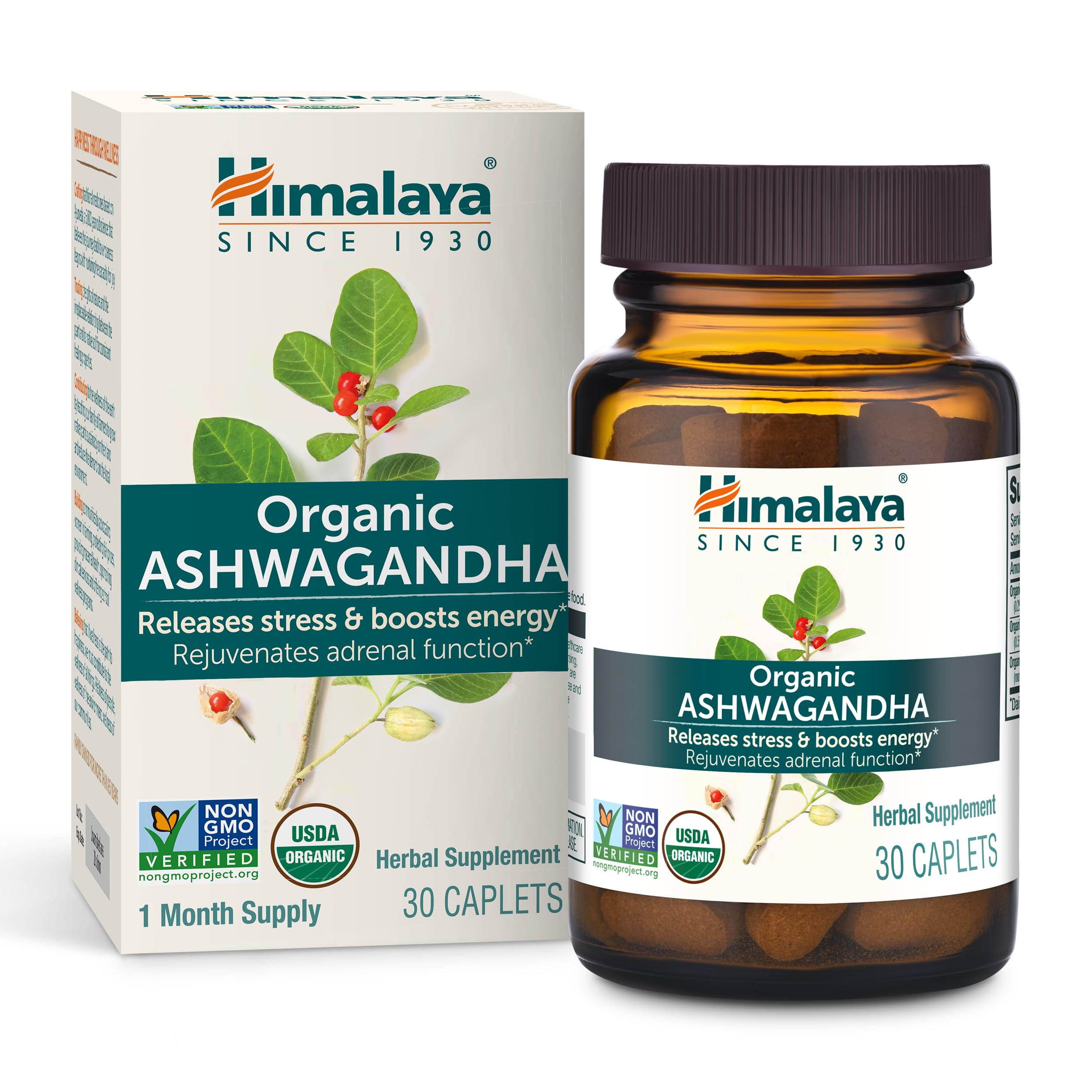 Himalaya Organic Ashwagandha Root, 30 Day Supply - Herbal Adrenal Support Supplements for Stress Relief and Energy Support - USDA Organic, Non-GMO, Vegan, Gluten Free, No Additives, 670 mg, 30 Caplets