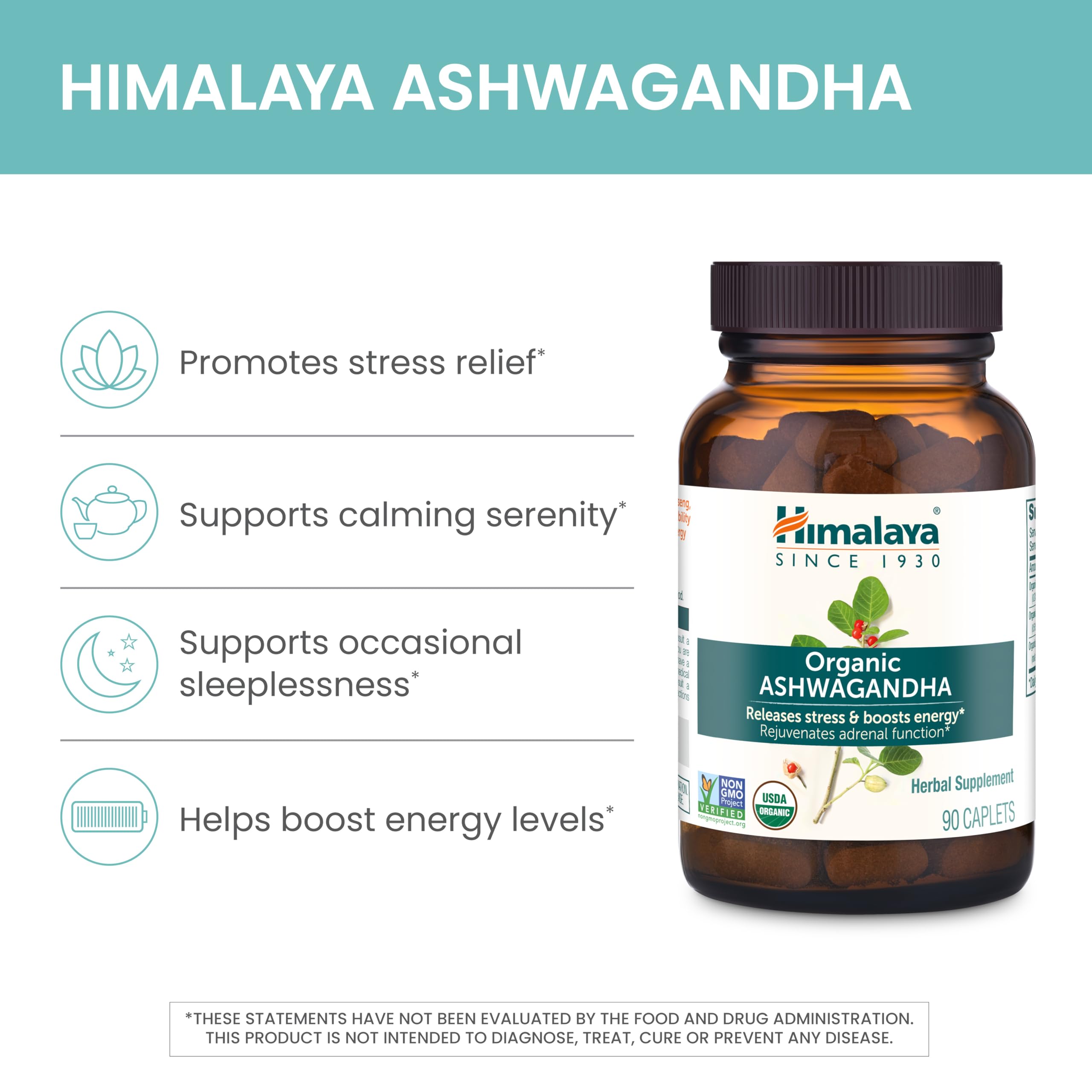 Himalaya Organic Ashwagandha Root, 30 Day Supply - Herbal Adrenal Support Supplements for Stress Relief and Energy Support - USDA Organic, Non-GMO, Vegan, Gluten Free, No Additives, 670 mg, 30 Caplets
