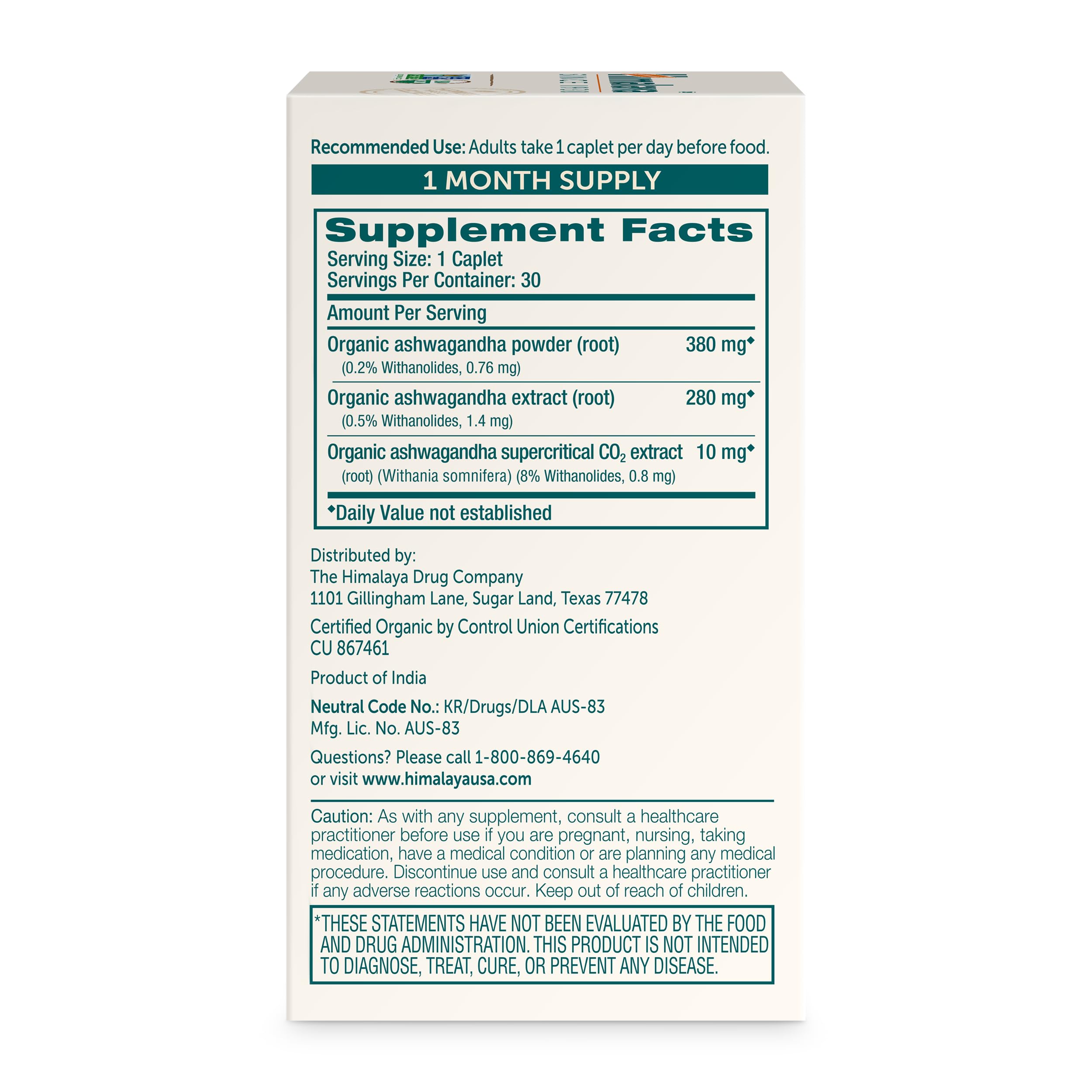 Himalaya Organic Ashwagandha Root, 30 Day Supply - Herbal Adrenal Support Supplements for Stress Relief and Energy Support - USDA Organic, Non-GMO, Vegan, Gluten Free, No Additives, 670 mg, 30 Caplets