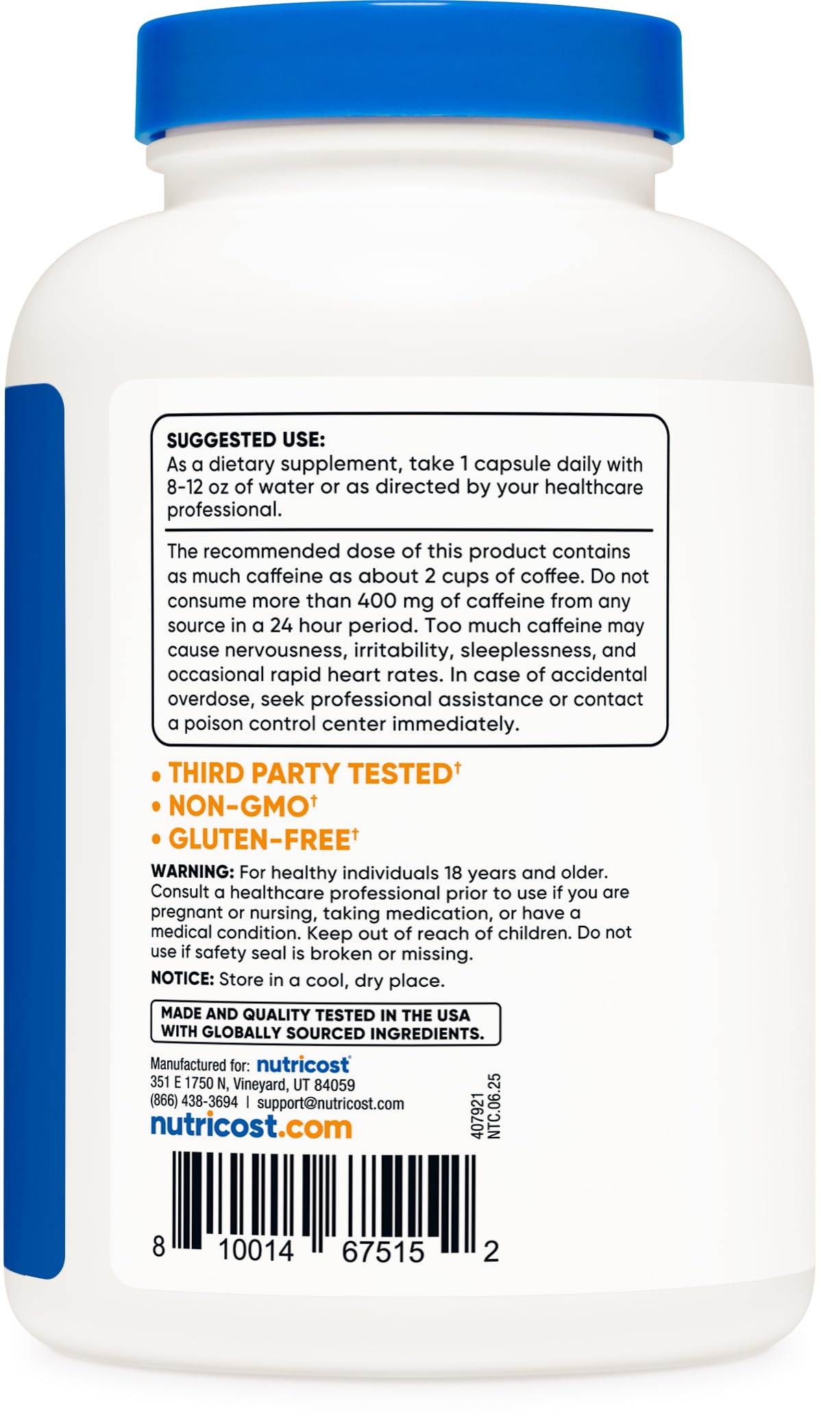 Nutricost Caffeine Pills, 200mg Per Serving (500 Caps)