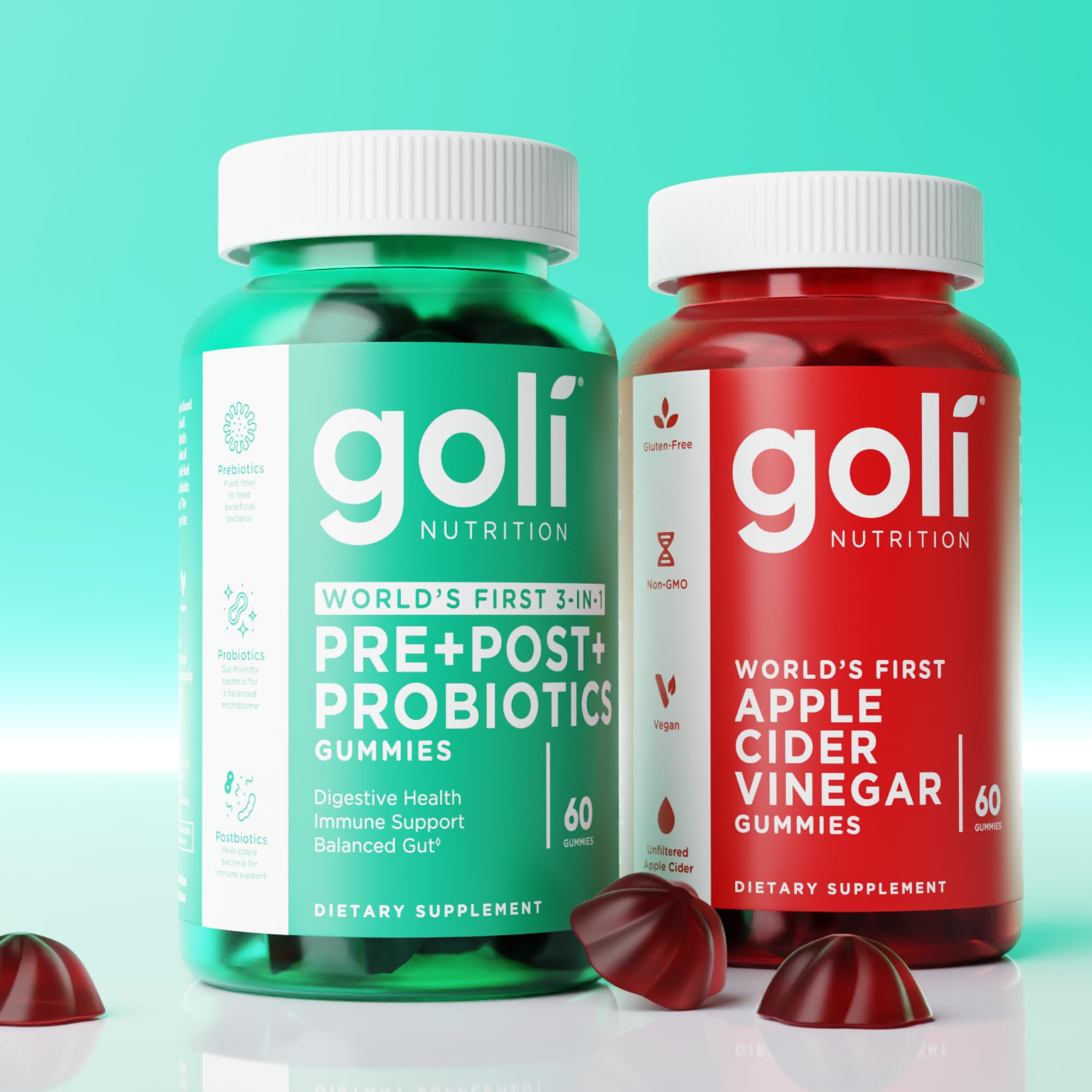 Goli Nutritional Supplement, Pre+Post+Probiotics Gummy - 180 Count - World's First 3-in-1 Gluten-Free, Vegan, Non-GMO, and Gelatin-Free.