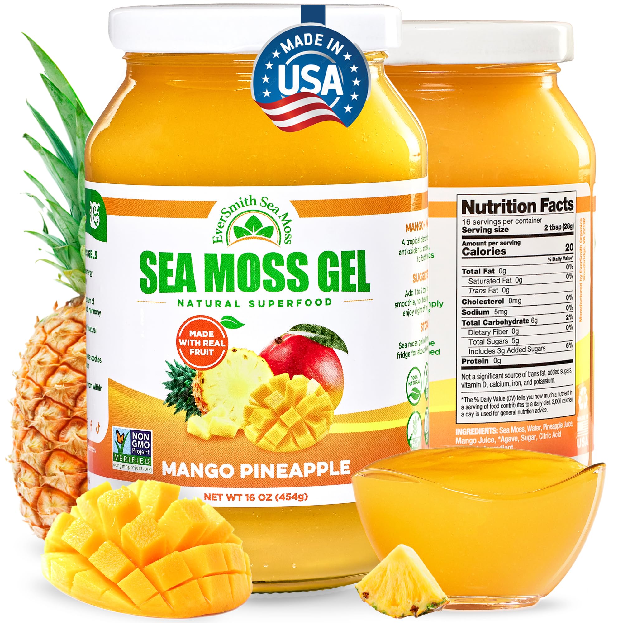 EverSmith Organics - Wildcrafted Irish Sea Moss Gel | Made in USA | Rich in Vitamins & Minerals | Sea Moss Gel Raw | Nutritional Supplement | Mango Pineapple (1 Jar)