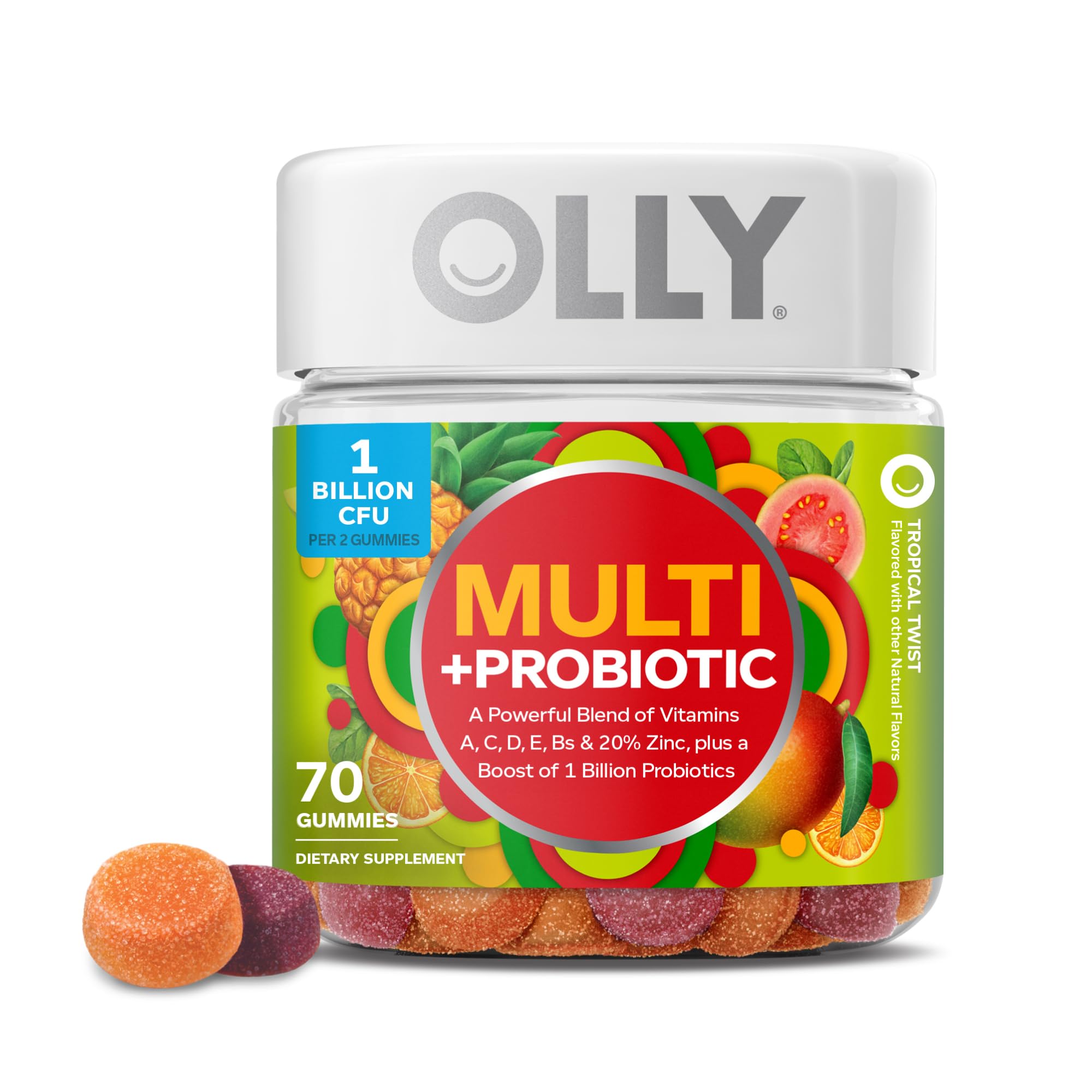 OLLY Multi + Probiotic Adult Multivitamin Gummy, 1 Billion CFUs, Digestive and Immune Support Chewable Supplement, Tropical Twist, 35 Day Supply - 70 Count
