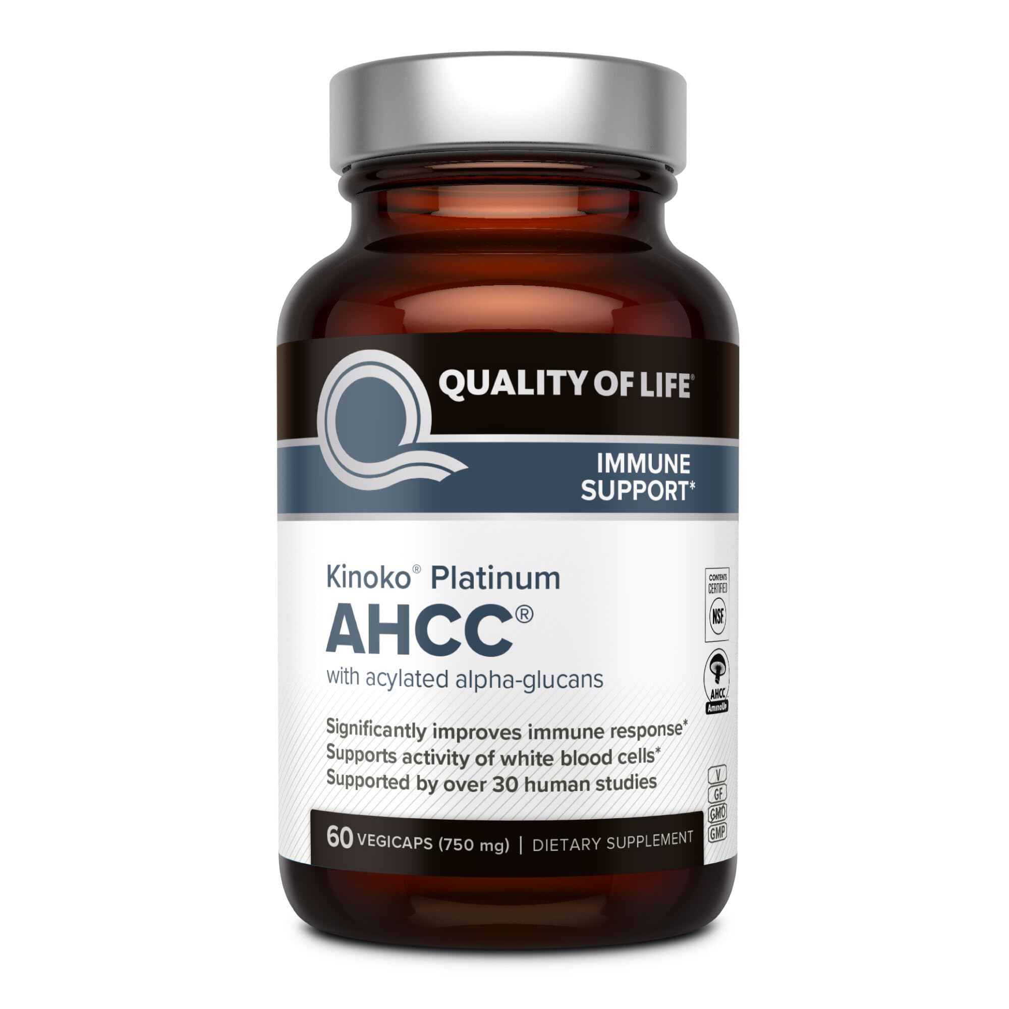Quality of Life Premium Kinoko Platinum AHCC Herbal Supplement, 750mg per Capsule, for Immune Support, Liver Function, Maintains Natural Killer Cell Activity, Pack of 1, 60 Veggie Capsules