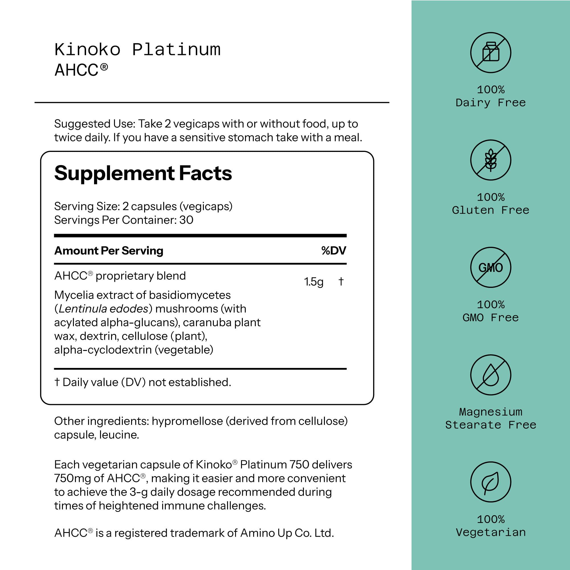 Quality of Life Premium Kinoko Platinum AHCC Herbal Supplement, 750mg per Capsule, for Immune Support, Liver Function, Maintains Natural Killer Cell Activity, Pack of 1, 60 Veggie Capsules