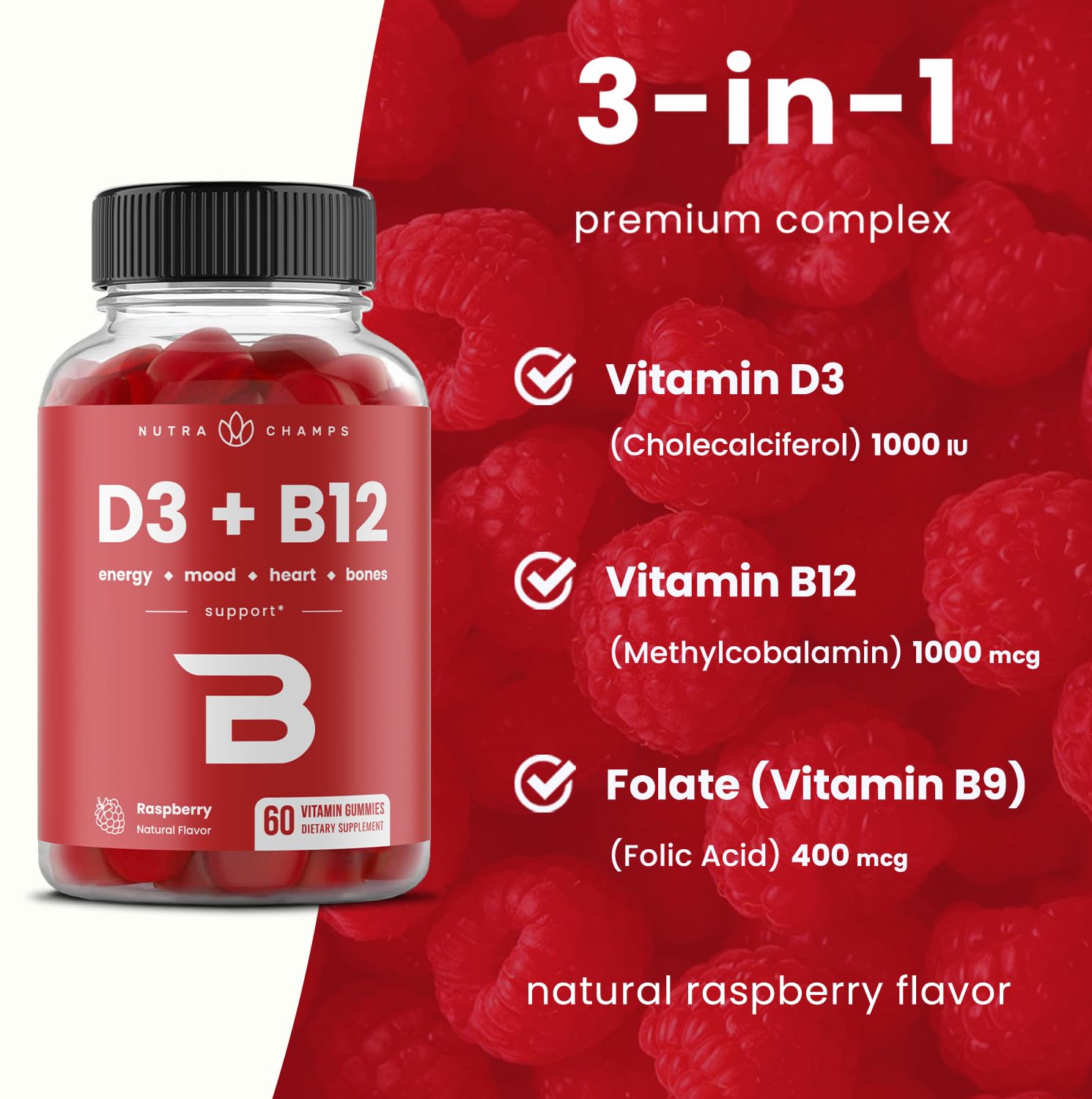 NutraChamps Vitamin D3 & B12, Methyl B12 Gummies for Adults & Kids, Enhanced with Vitamin D 3 & B9 Vitamin Folate, Natural Energy, Mood, Metabolism & Focus, Raspberry, 120 Gummies (Pack of 2)