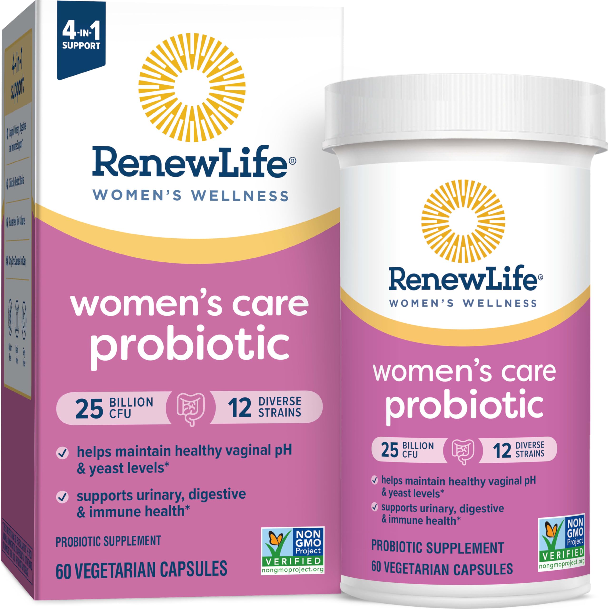 Renew Life Women's Probiotic Capsules, Supports pH Balance for Women, Vaginal, Urinary, Digestive and Immune Health, L. Rhamnosus GG, Dairy, Soy and Gluten-Free, 25 Billion CFU - 60 Ct