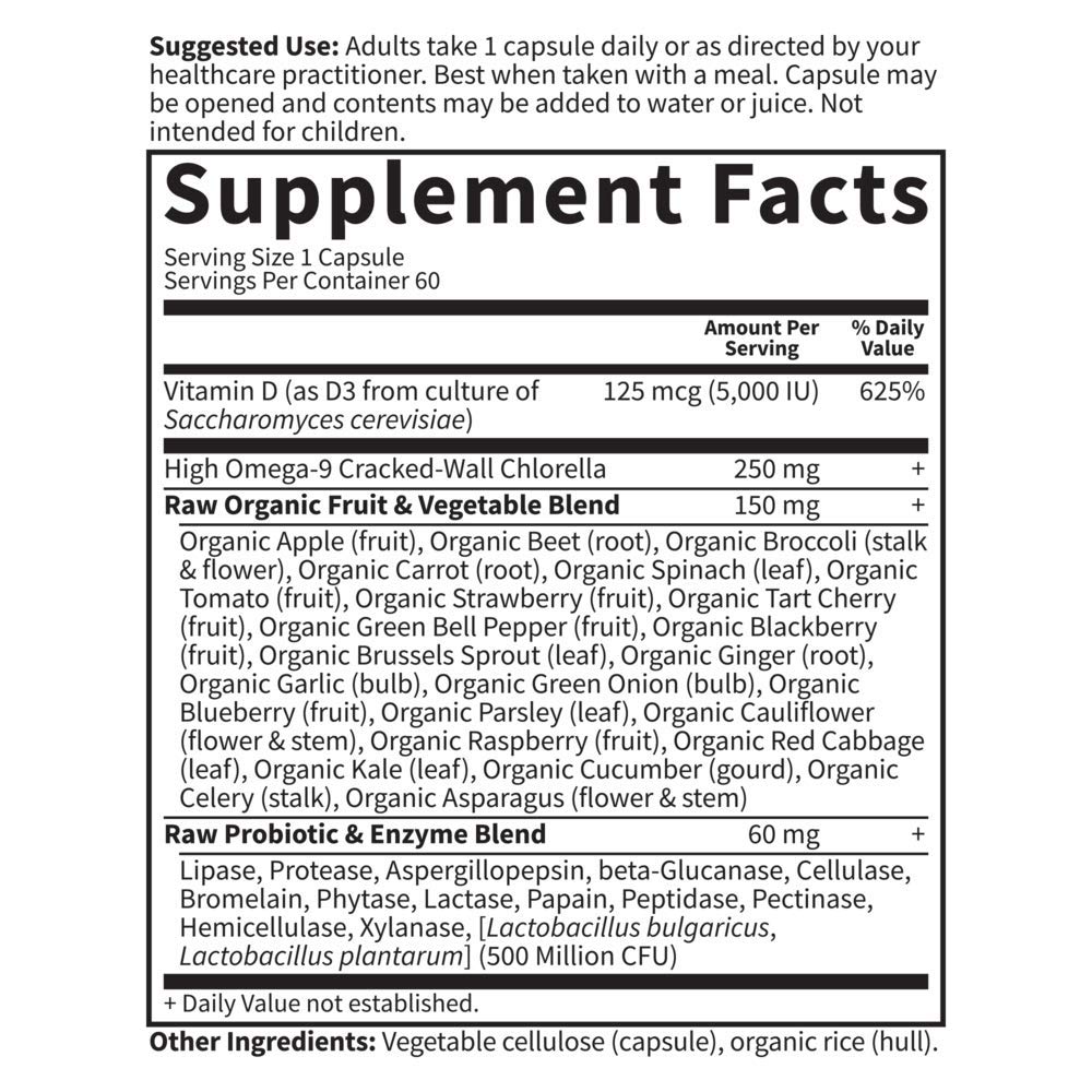 Garden of Life Vitamin D3 5000 IU, Raw Whole Food Supplements with Chlorella, Fruit, Veggies & Probiotics for Bone & Immune Health, 60 Vegetarian Capsules