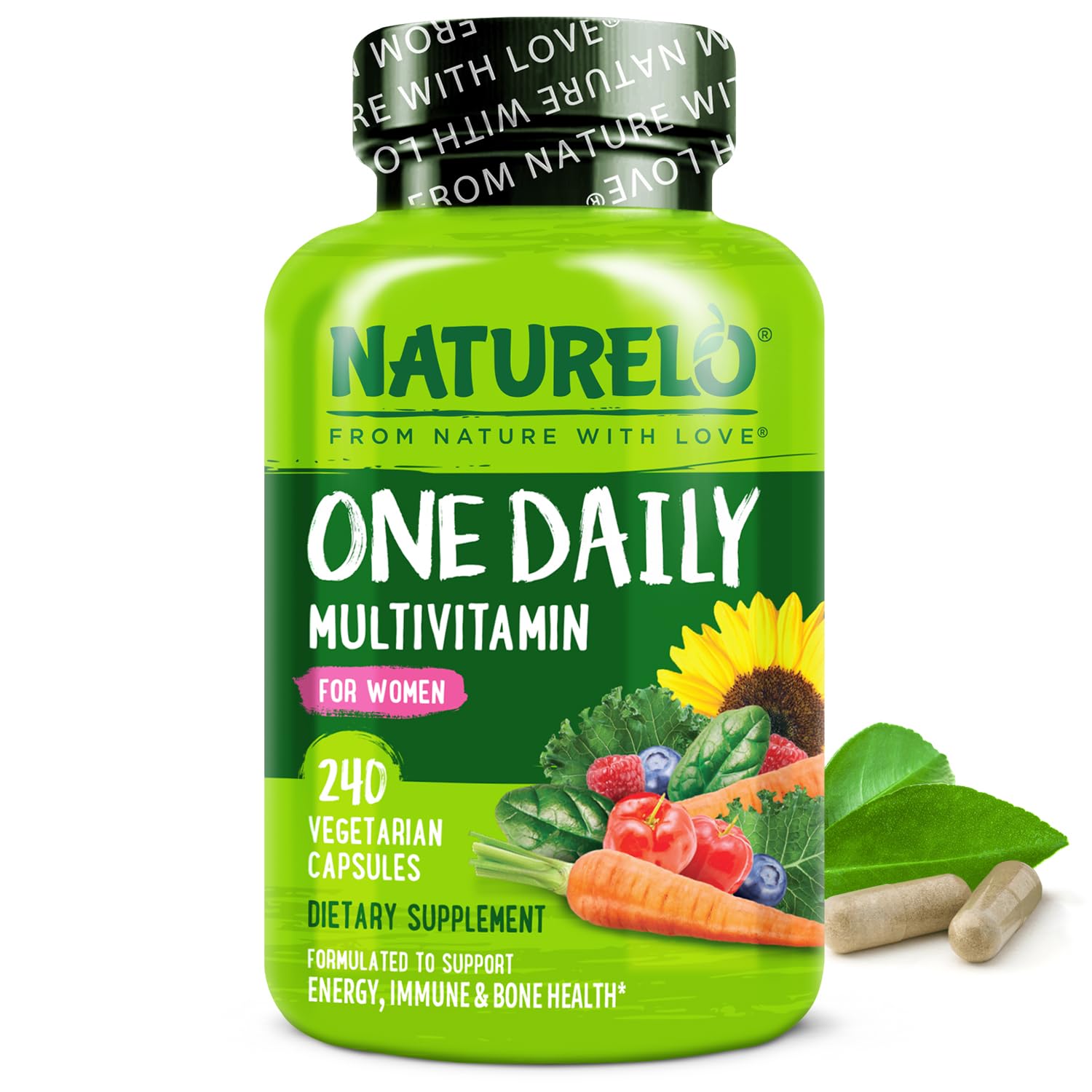 NATURELO One Daily Multivitamin for Women w/Vitamin B12, 240 Ct, Energy Support, Whole Food Daily Women Multivitamin Supplement, Nourish Hair/Skin/Nail, Non-GMO, No Soy, Gluten Free, 8 Month Supply