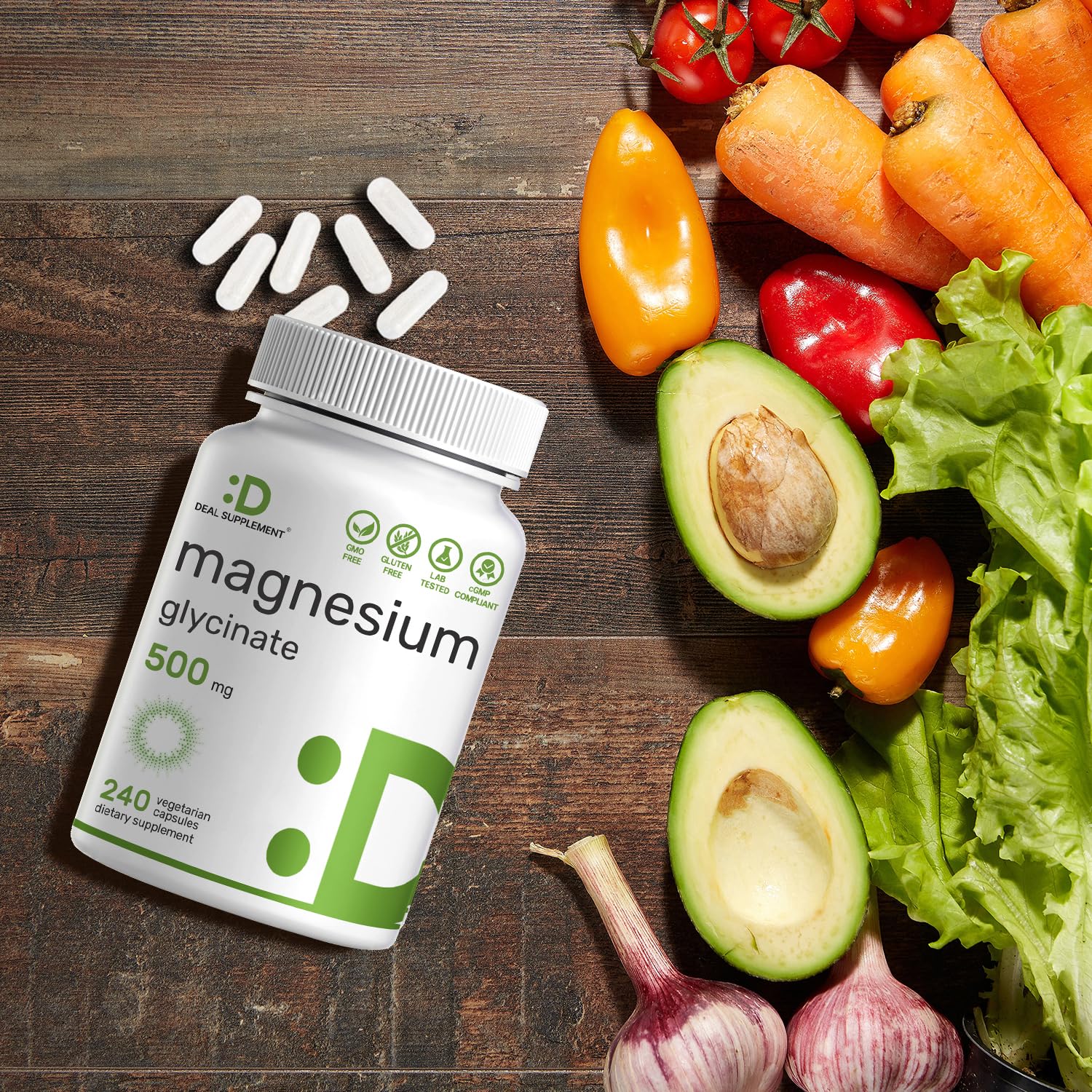 Deal Supplement Magnesium Glycinate 500mg, 480 Veggie Capsules | 100% Chelated for Easy Absorption | Essential Mineral Supplement | Non-GMO, Gluten-Free