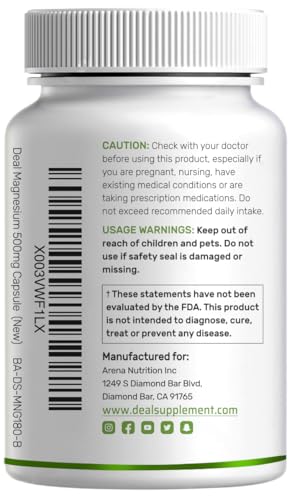 Deal Supplement Magnesium Glycinate 500mg, 480 Veggie Capsules | 100% Chelated for Easy Absorption | Essential Mineral Supplement | Non-GMO, Gluten-Free