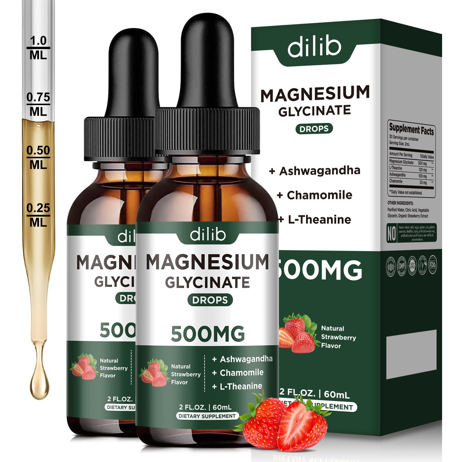 dilib Magnesium Glycinate Liquid Drops Supplement, with Magnesium Glycinate 500mg Ashwagandha, L - Theanine, Chamomile -Support Stress Relief, Bone, Muscle, Mood Strawberry Flavor 2Pack