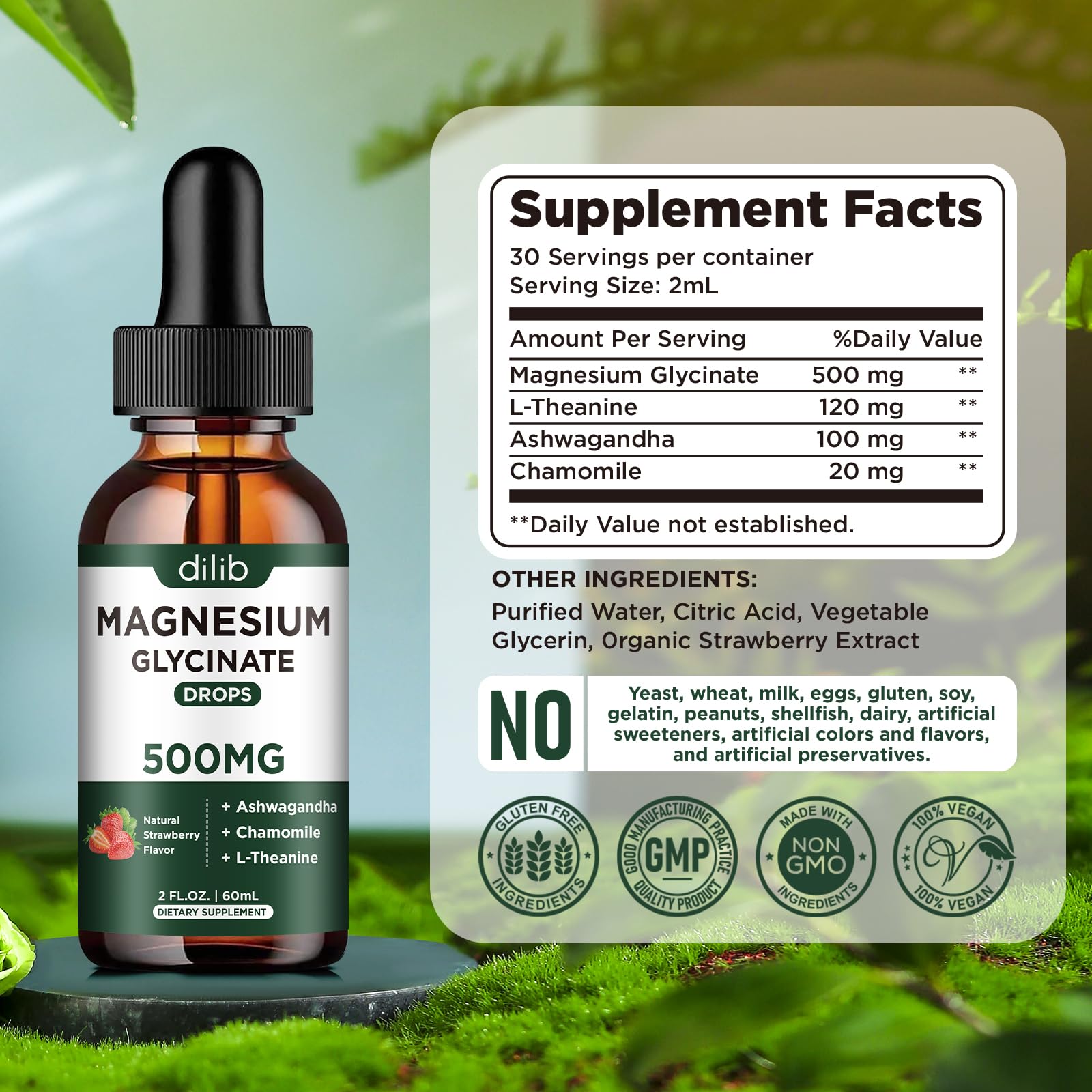 dilib Magnesium Glycinate Liquid Drops Supplement, with Magnesium Glycinate 500mg Ashwagandha, L - Theanine, Chamomile -Support Stress Relief, Bone, Muscle, Mood Strawberry Flavor 2Pack