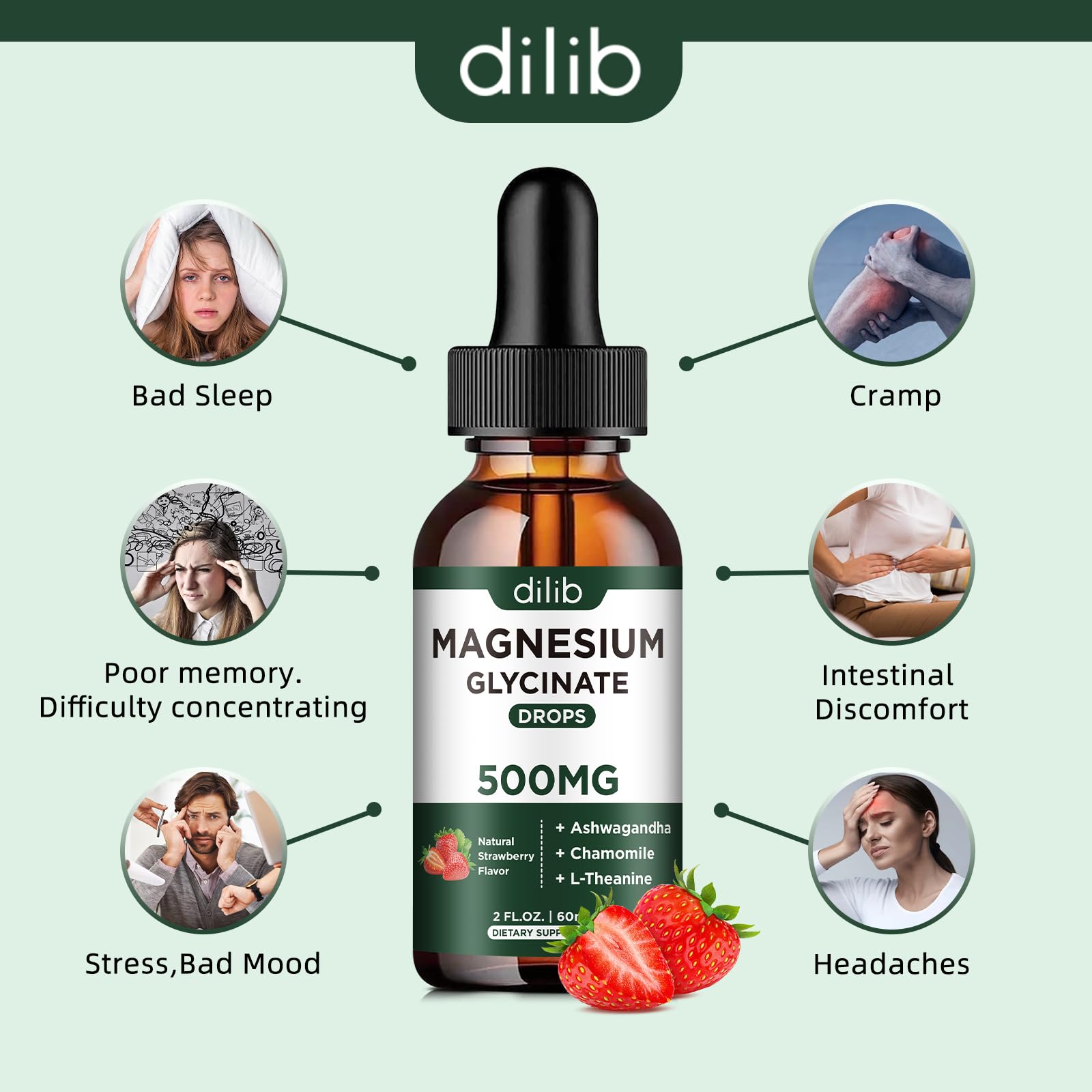 dilib Magnesium Glycinate Liquid Drops Supplement, with Magnesium Glycinate 500mg Ashwagandha, L - Theanine, Chamomile -Support Stress Relief, Bone, Muscle, Mood Strawberry Flavor 2Pack