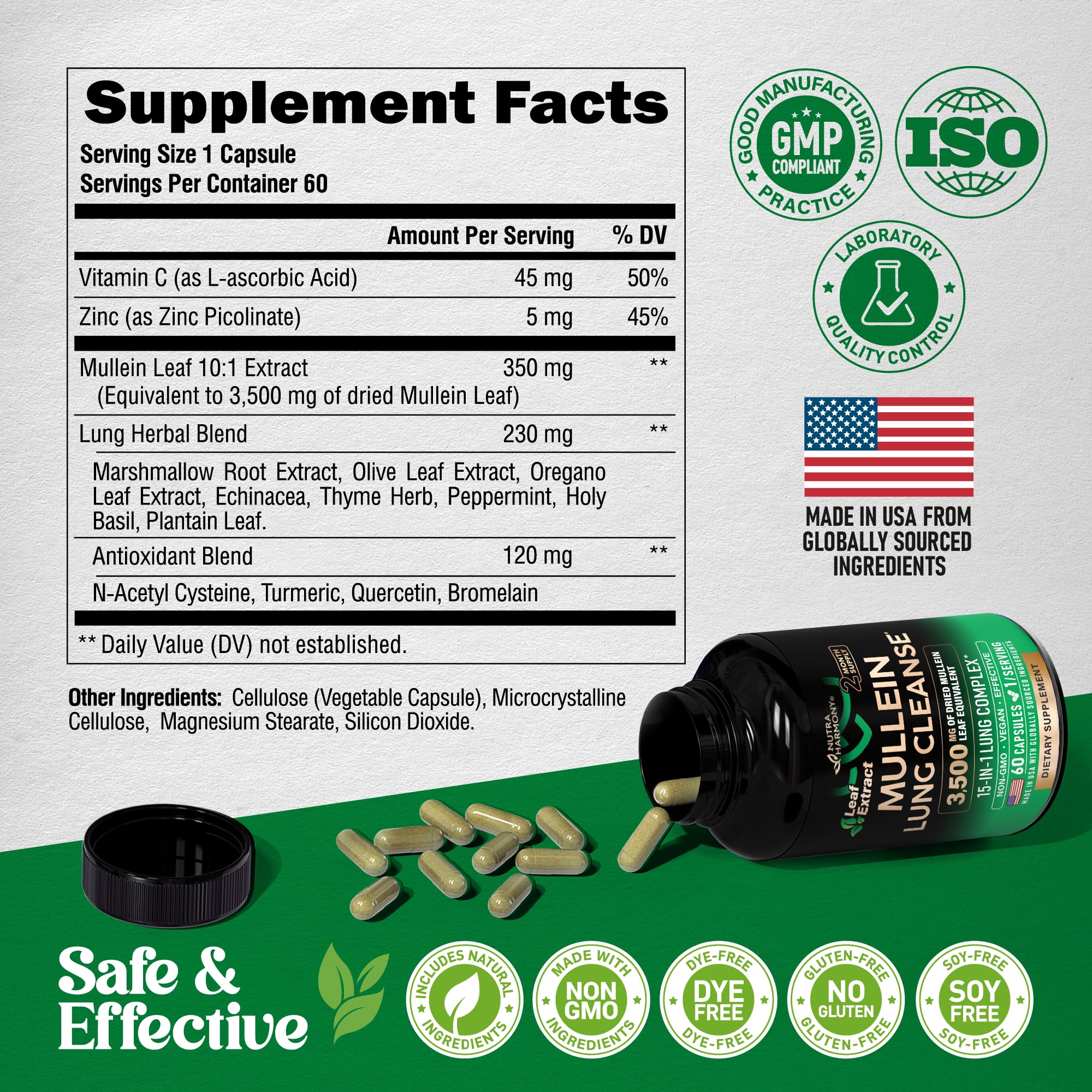 Mullein Lung Detox - Mullein Leaf Extract - Marshmallow Root | Echinacea | Oregano | Quercetin | NAC - 15-in-1 Lung Support & Cleanse for Smokers Supplement - Made in USA - As Drops - 60 Capsules