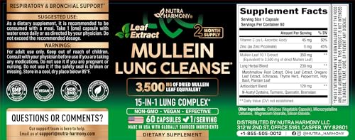 Mullein Lung Detox - Mullein Leaf Extract - Marshmallow Root | Echinacea | Oregano | Quercetin | NAC - 15-in-1 Lung Support & Cleanse for Smokers Supplement - Made in USA - As Drops - 60 Capsules