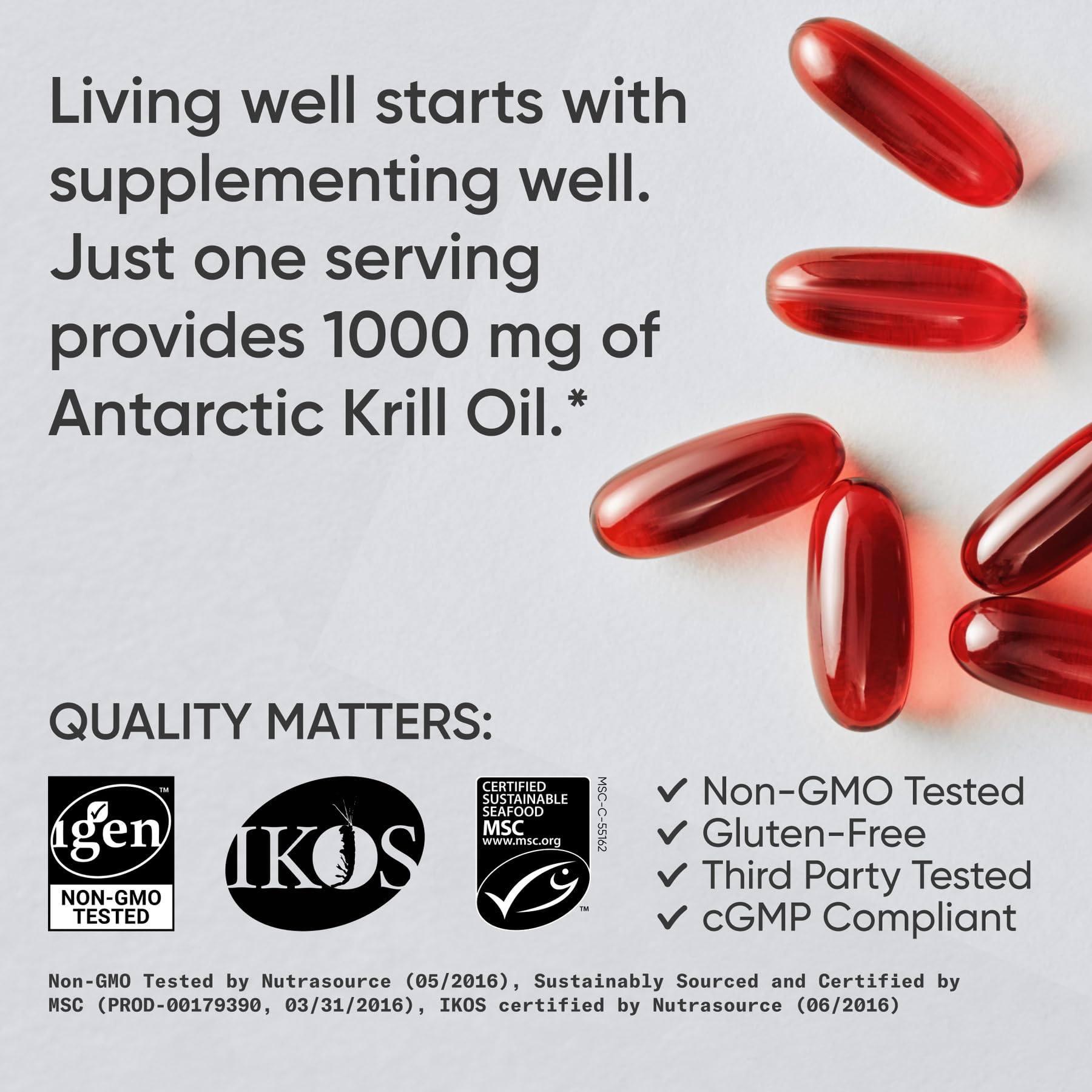 Sports Research® Omega-3 Krill Oil 1000mg (Double Strength) - Pure Antarctic Superba Krill w/Choline, Phospholipids & Astaxanthin - MSC Certified Sustainable · Non-GMO · Gluten Free - 30 Softgels