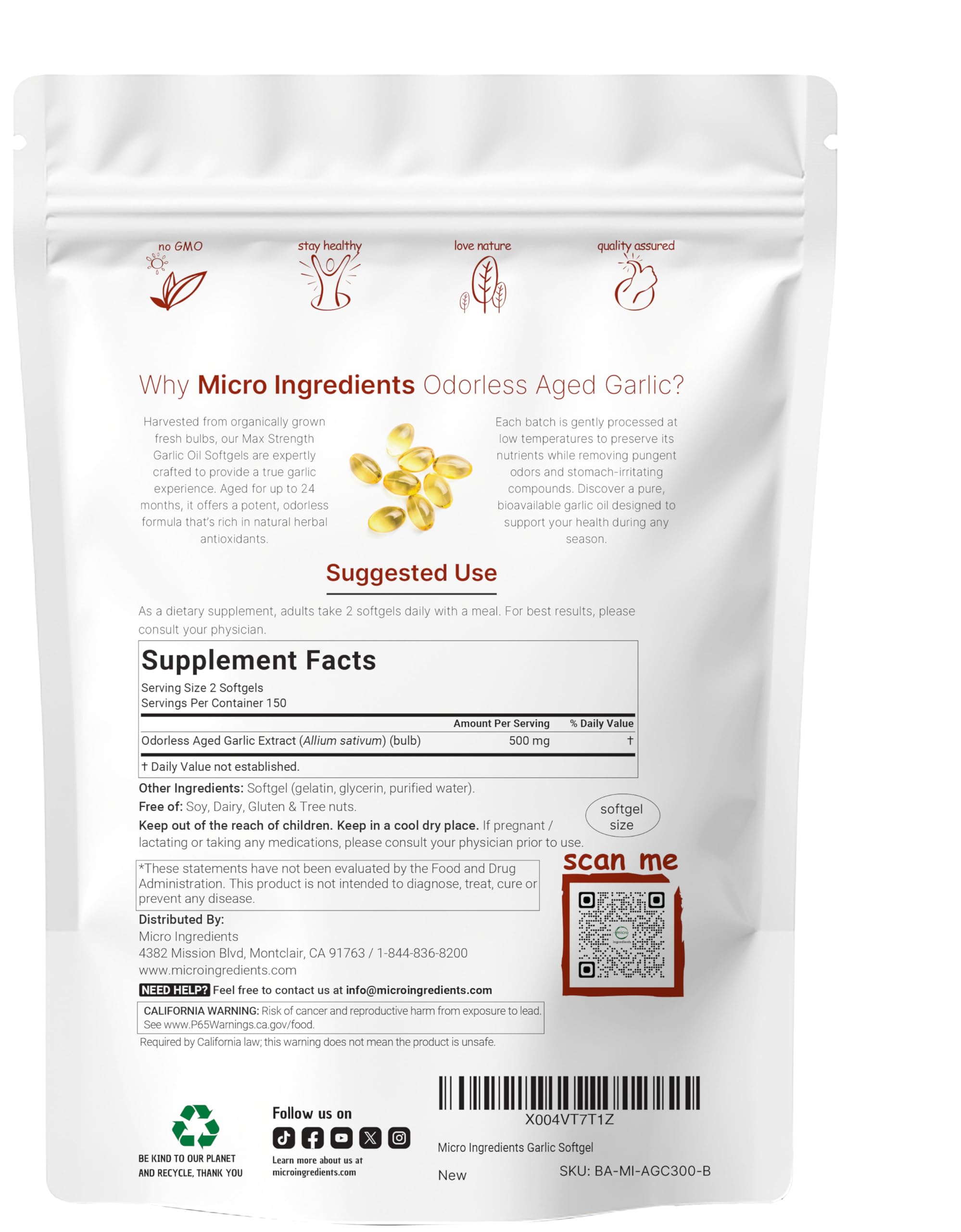 Micro Ingredients Odorless Garlic, 300 Softgels | 2 Years Aged Garlic Extract | Grown Allium Sativum Bulb | Natural Herbal Supplements | Non-GMO, Gluten Free