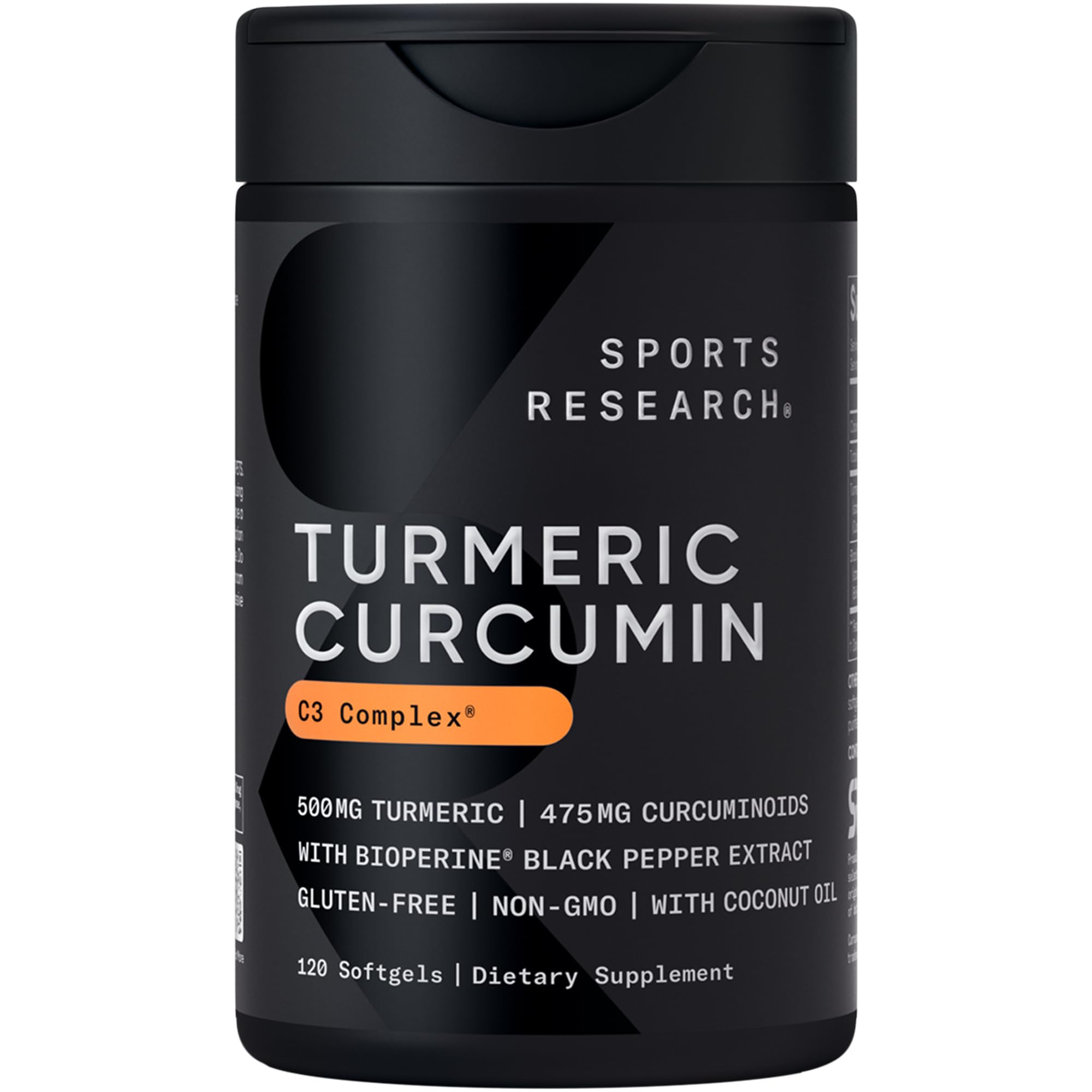 Sports Research® Turmeric Curcumin C3 Complex® w/BioPerine Black Pepper Extract & Organic Coconut Oil - Standardized 95% Curcuminoids · Non-GMO · Gluten Free - 120 Count Softgels