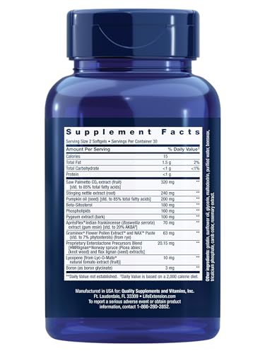 Life Extension Ultra Prostate Formula, Saw Palmetto for Men, pygeum, stinging Nettle Root, lycopene, Prostate Health, Urination Flow, PSA, Non-GMO, Gluten-Free, 60 softgels