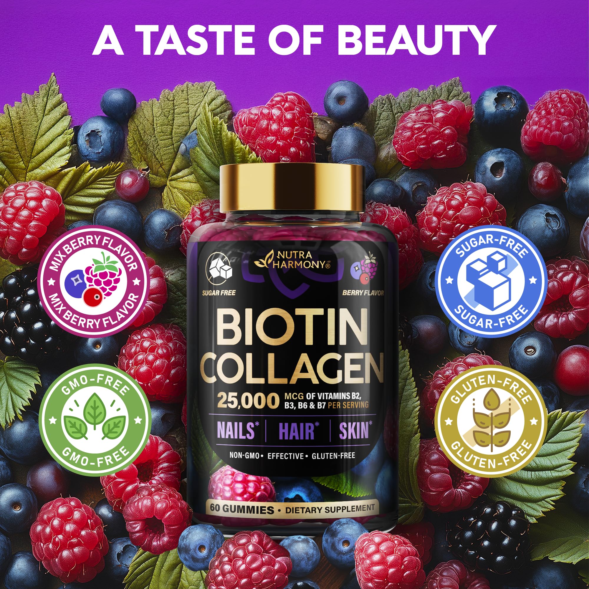 Biotin Gummies with Collagen - Hair Growth Support Skin, & Nail Strength - for Women & Men - Biotin 10000mcg | Keratin | Hyaluronic Acid | B-Complex | Saw Palmetto - Sugar-Free, Mixed Berry - 60 Gummy