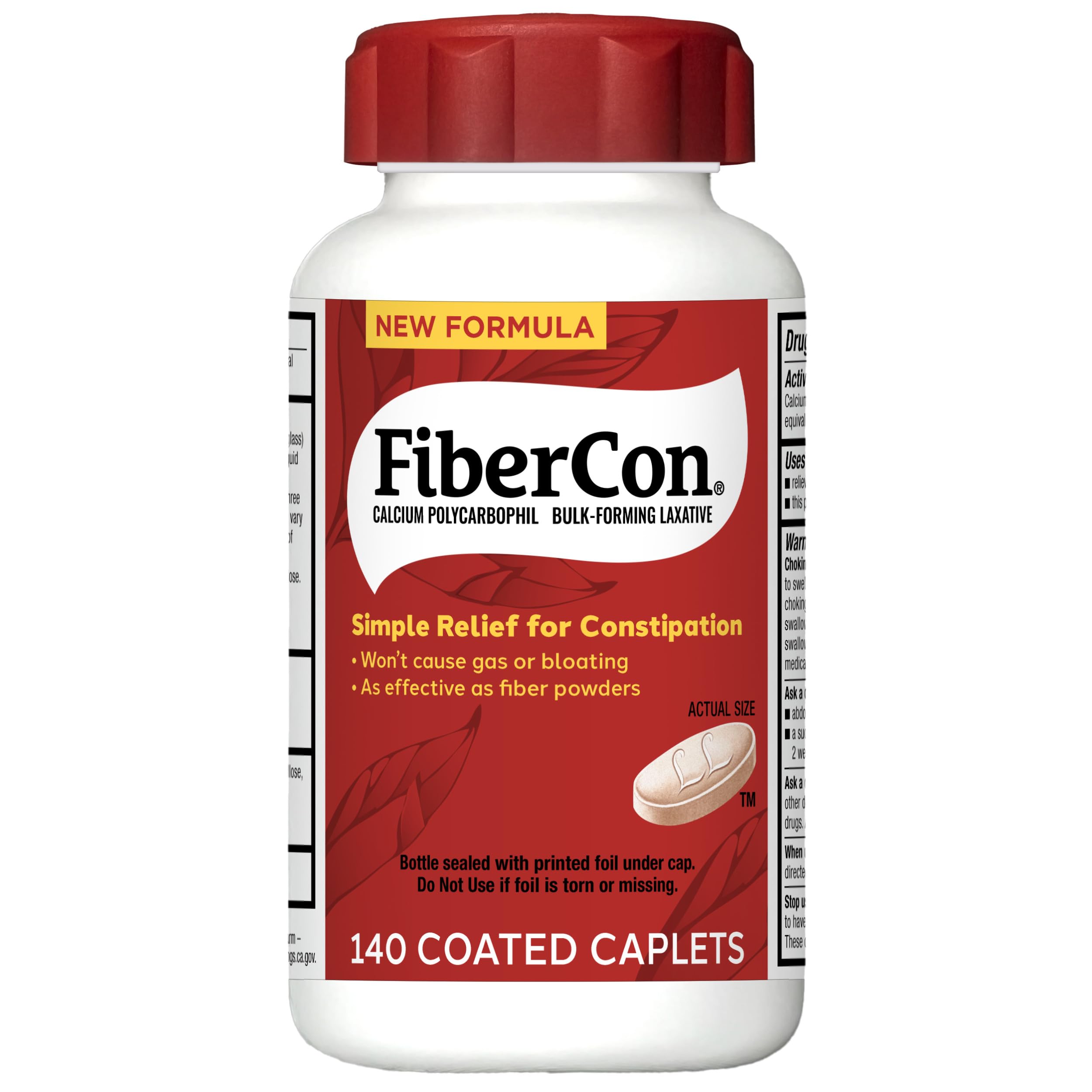 FiberCon Fiber Therapy Coated Caplets, Safe, Simple & Comfortable Insoluble Fiber for Bowel Irregularity, Comfortable Constipation Relief with No Gas or Bloating, 140 Caplets