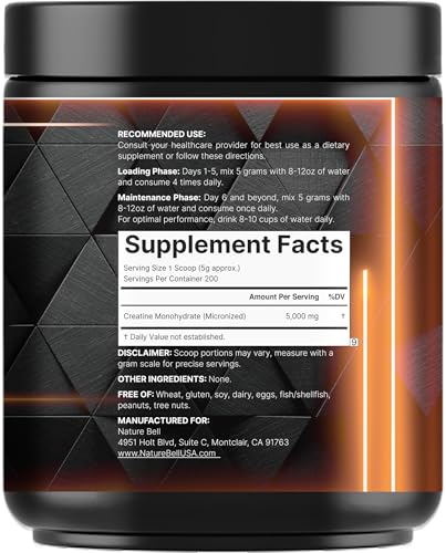 NatureBell Creatine Monohydrate Powder 1,000g, 5,000mg Per Serving, 200 Servings (2.2 lb) | Micronized, Pure & Unflavored | Pre-Workout Muscle Support* | Keto, Vegan, Filler-Free