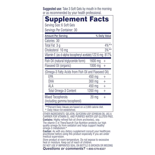 TheraTears Omega 3 Supplement for Eye Care, 1200mg Fish Oil and Organic Flaxseed Oil with Vitamin E, 180 Count