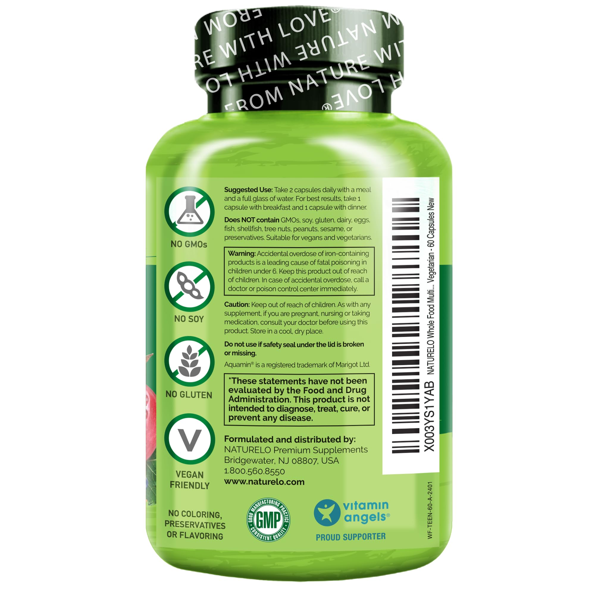 NATURELO Multivitamins for Teenage Girls/Boys, 60 Capsules, Whole Food Multivitamin with Minerals, Non-GMO, Vegetarian
