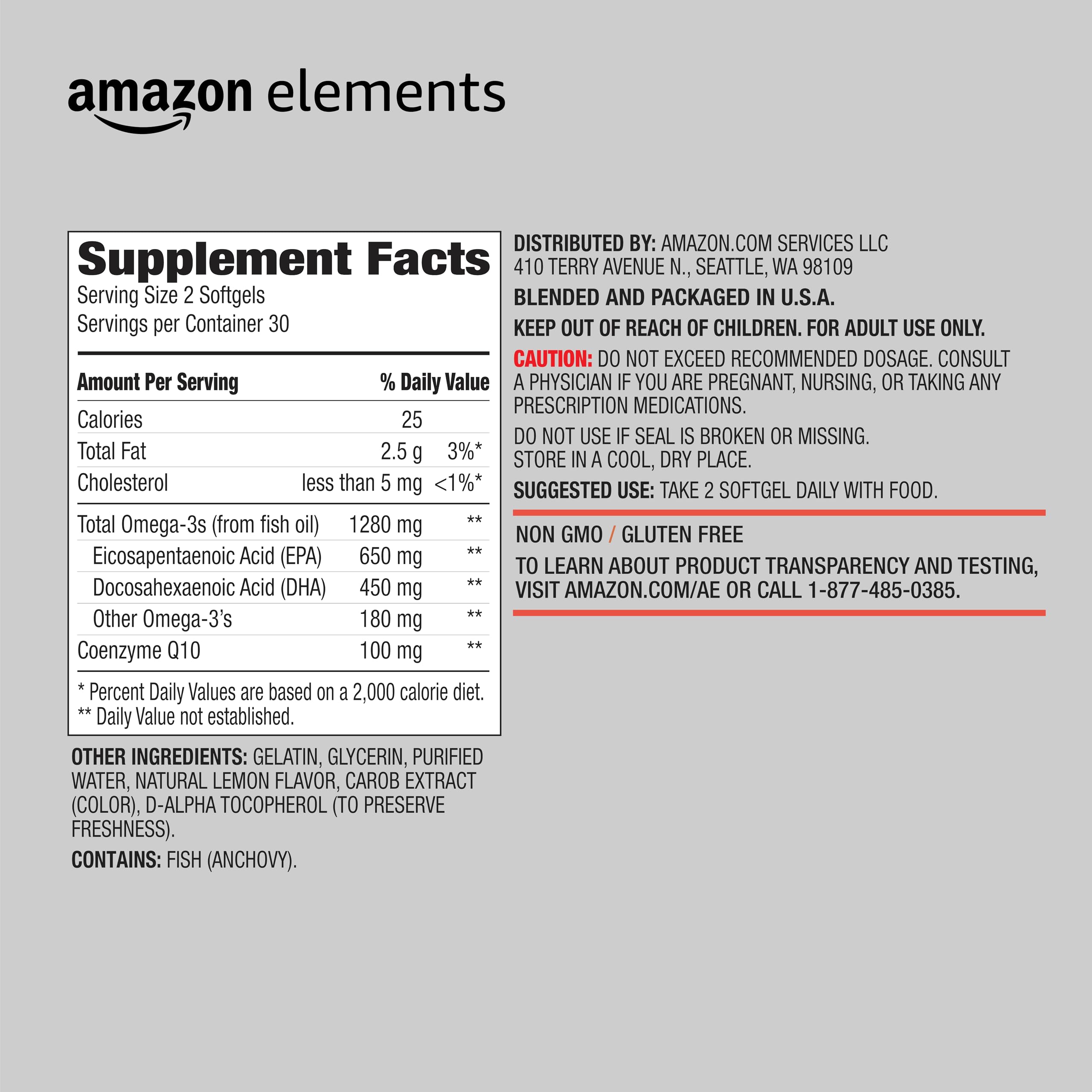 Amazon Elements Omega 3 Fish Oil + CoQ10, Natural Lemon Flavor, Wild-caught, 1250mg Omega-3s, 60 Softgels