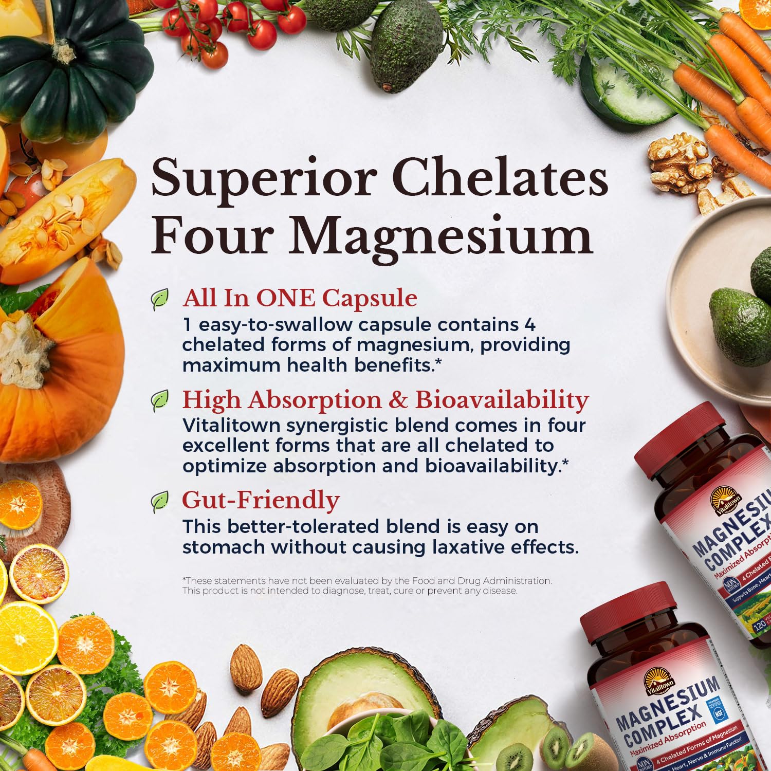 Vitalitown Magnesium Complex Supplement 500mg - NSF Certified Magnesium Glycinate, Malate, Taurate & Citrate - Chelated High Absorption & Gentle on Stomach - Vegan Non-GMO 2 Packs 240 Capsules