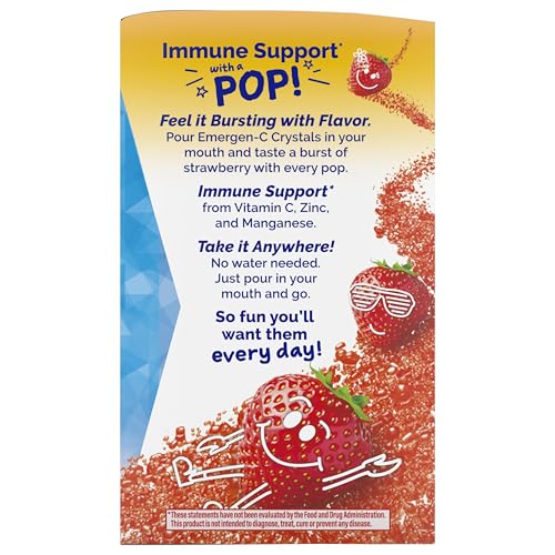 Emergen-C Kidz Crystals, On-the-Go Emergen-C Immune Support Supplement with Vitamin C, B Vitamins, Zinc and Manganese, Sparkly Strawberry, Stocking Stuffer - 56 Stick Packs
